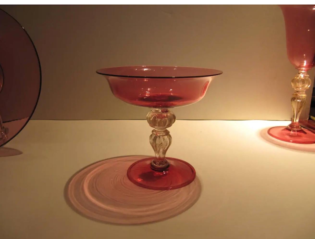 Italian Extensive Collection of Cranberry Venetian Glass Stemware, Plates and Tumblers For Sale