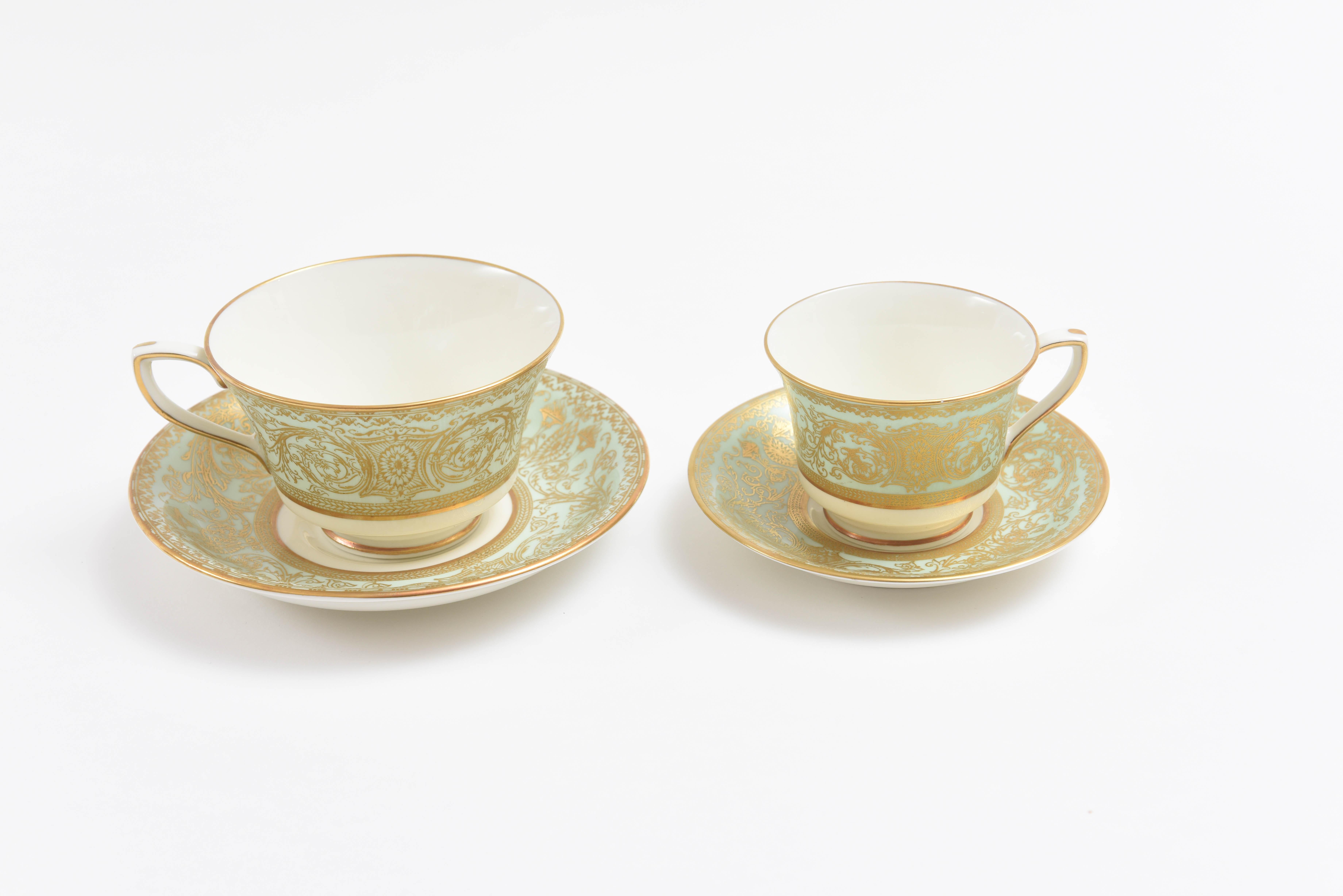 Hand-Crafted Extensive English Porcelain Service for 12, Lovely Sage Mint Green Gilded 106 Pc