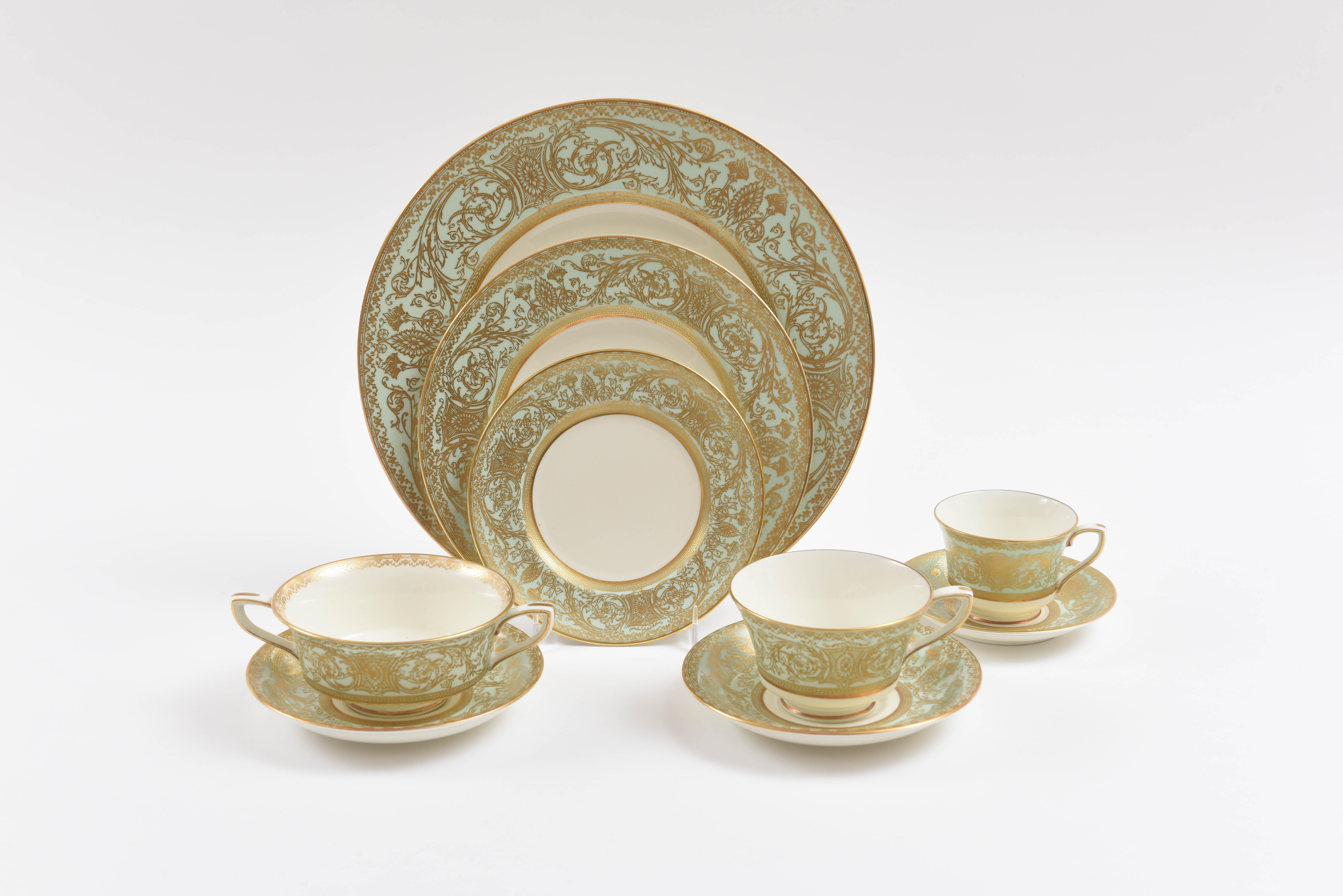 Gold Extensive English Porcelain Service for 12, Lovely Sage Mint Green Gilded 106 Pc