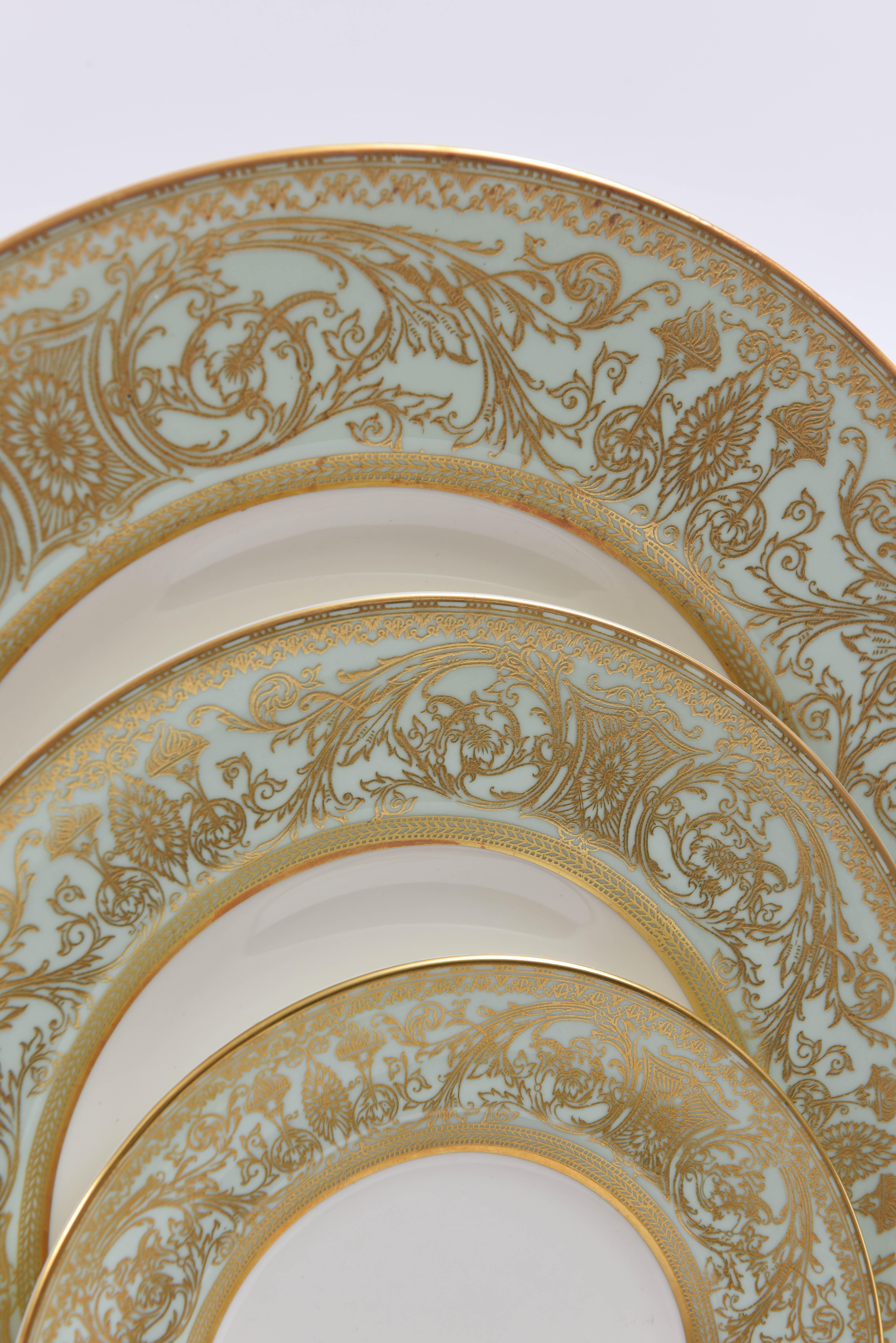 Extensive English Porcelain Service for 12, Lovely Sage Mint Green Gilded 106 Pc 1