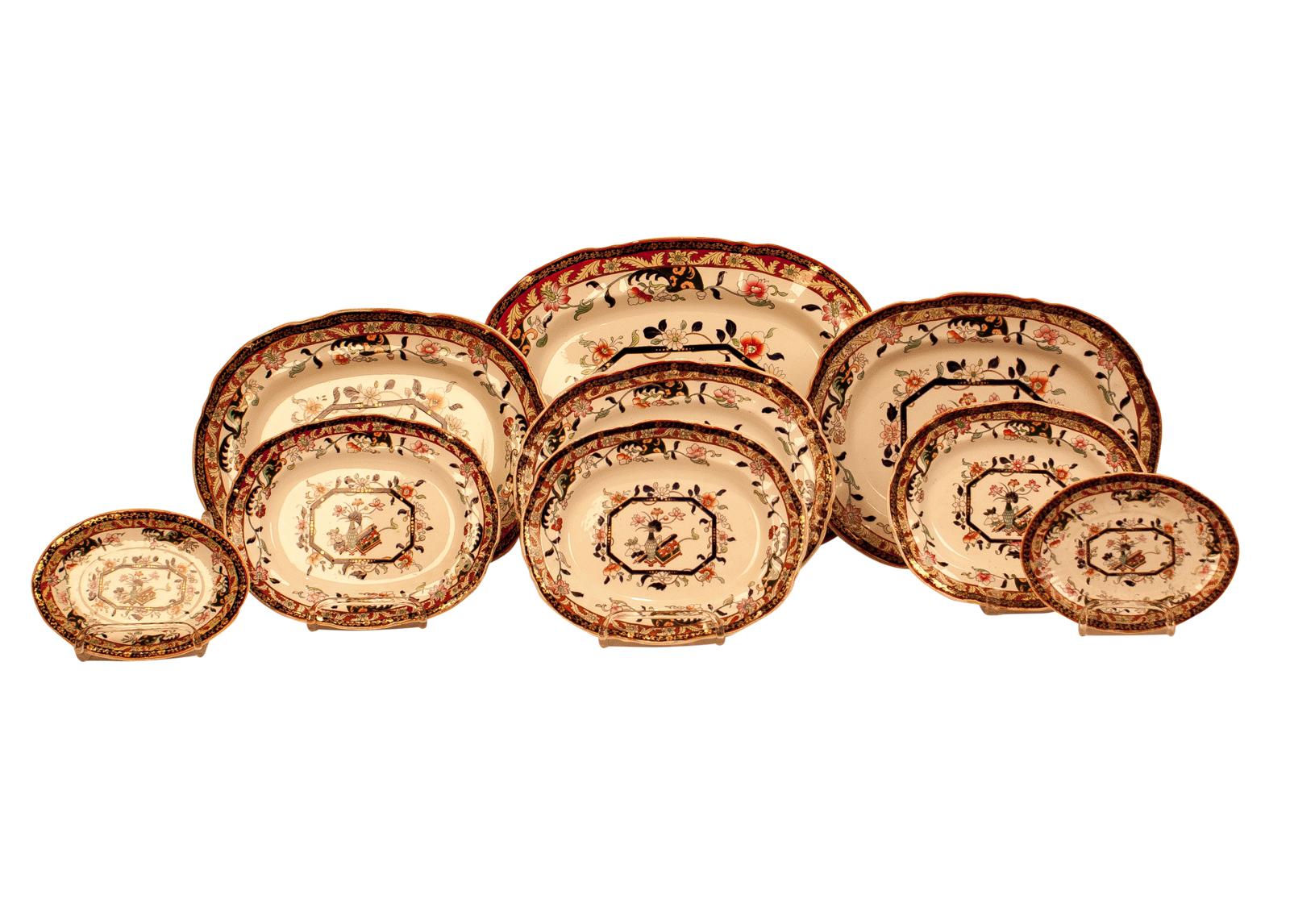 An extensive part dinner service of 85 pieces of Ashworth Ironstone, England circa 1870. The measurement is for the largest piece. This set is comprised of the following pieces: plate 10.25