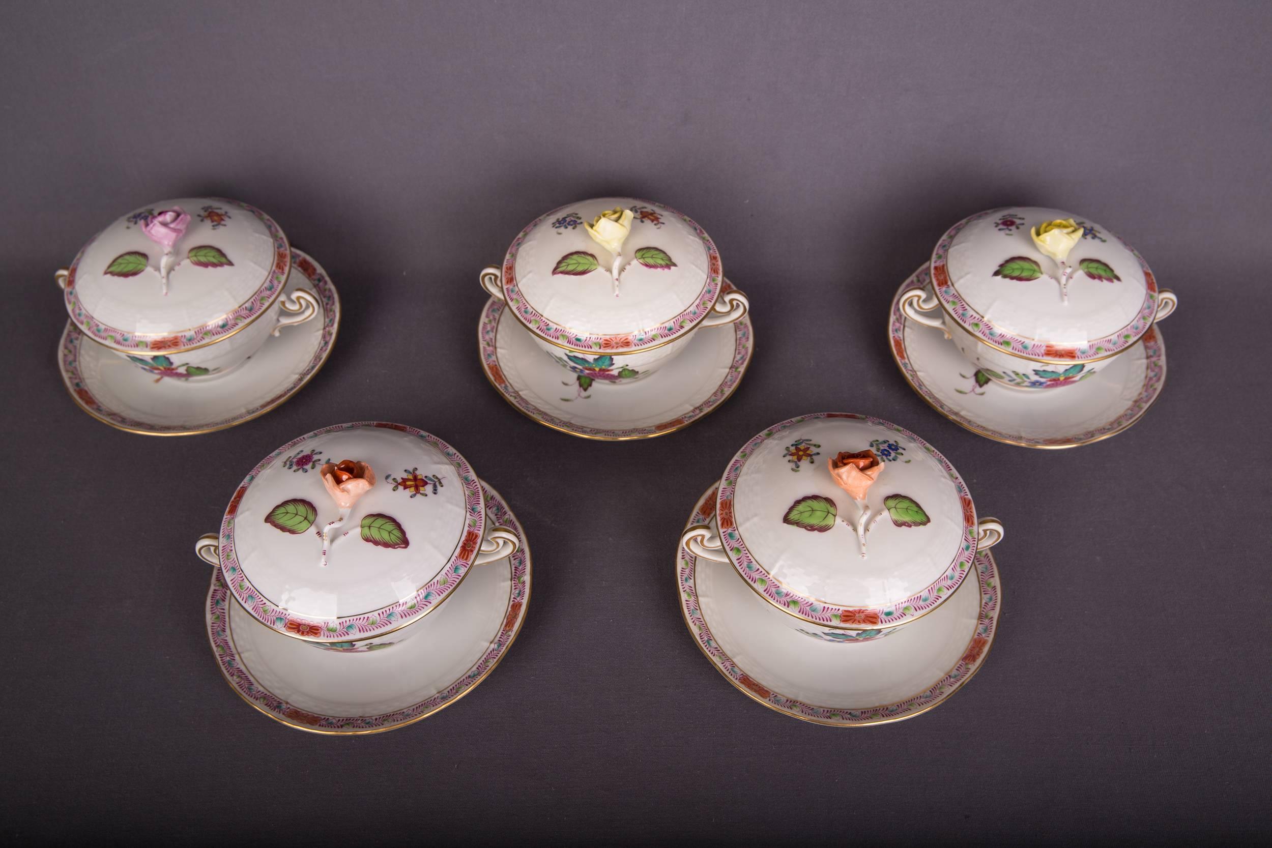 German Extensive Rare Herend Dining Service Porcelain with a Lot of Flowers and Gold For Sale