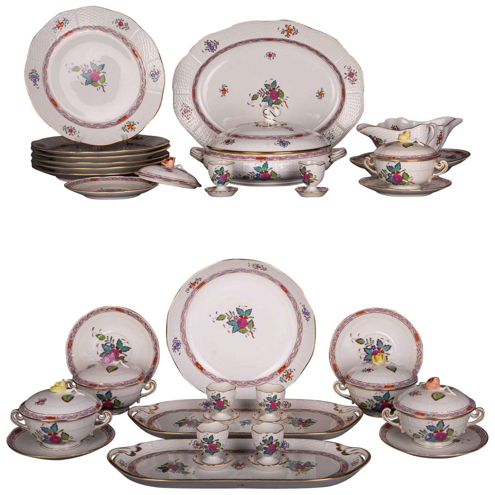 Extensive Rare Herend Dining Service Porcelain with a Lot of Flowers and Gold For Sale