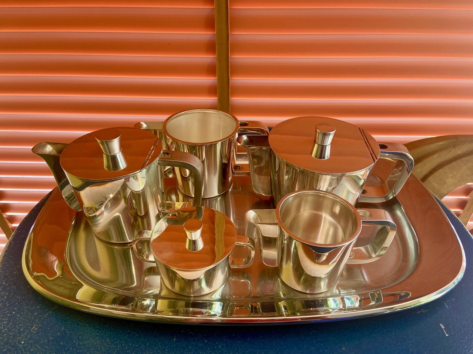 Silvered Extensive Silver Plated Gio Ponti Coffee and Tea Set on a Tray, Arthur Krupp