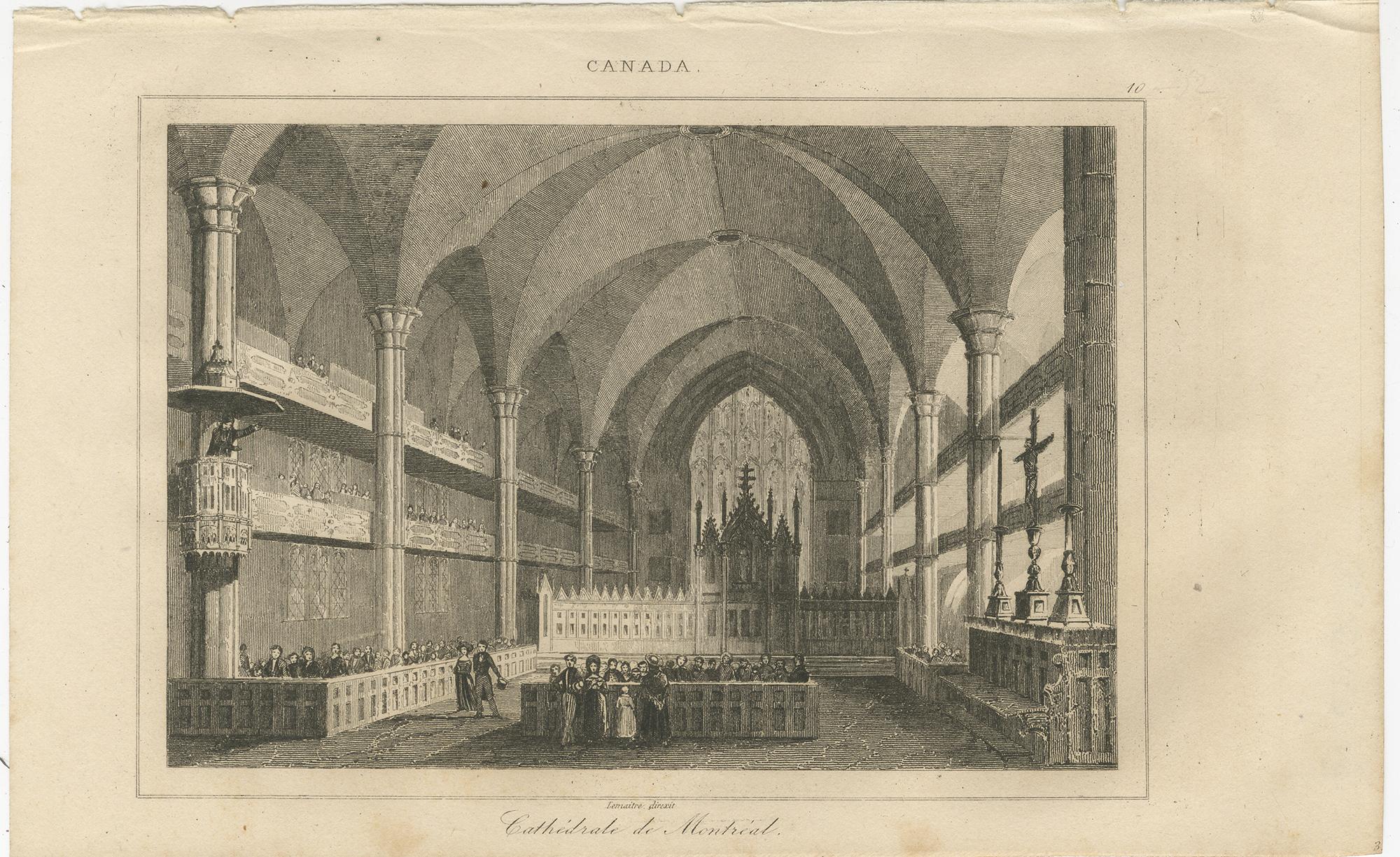 Vistas exterior e interior de la Catedral de Montreal - Arquitectura canadiense, c1850 Grabado en venta