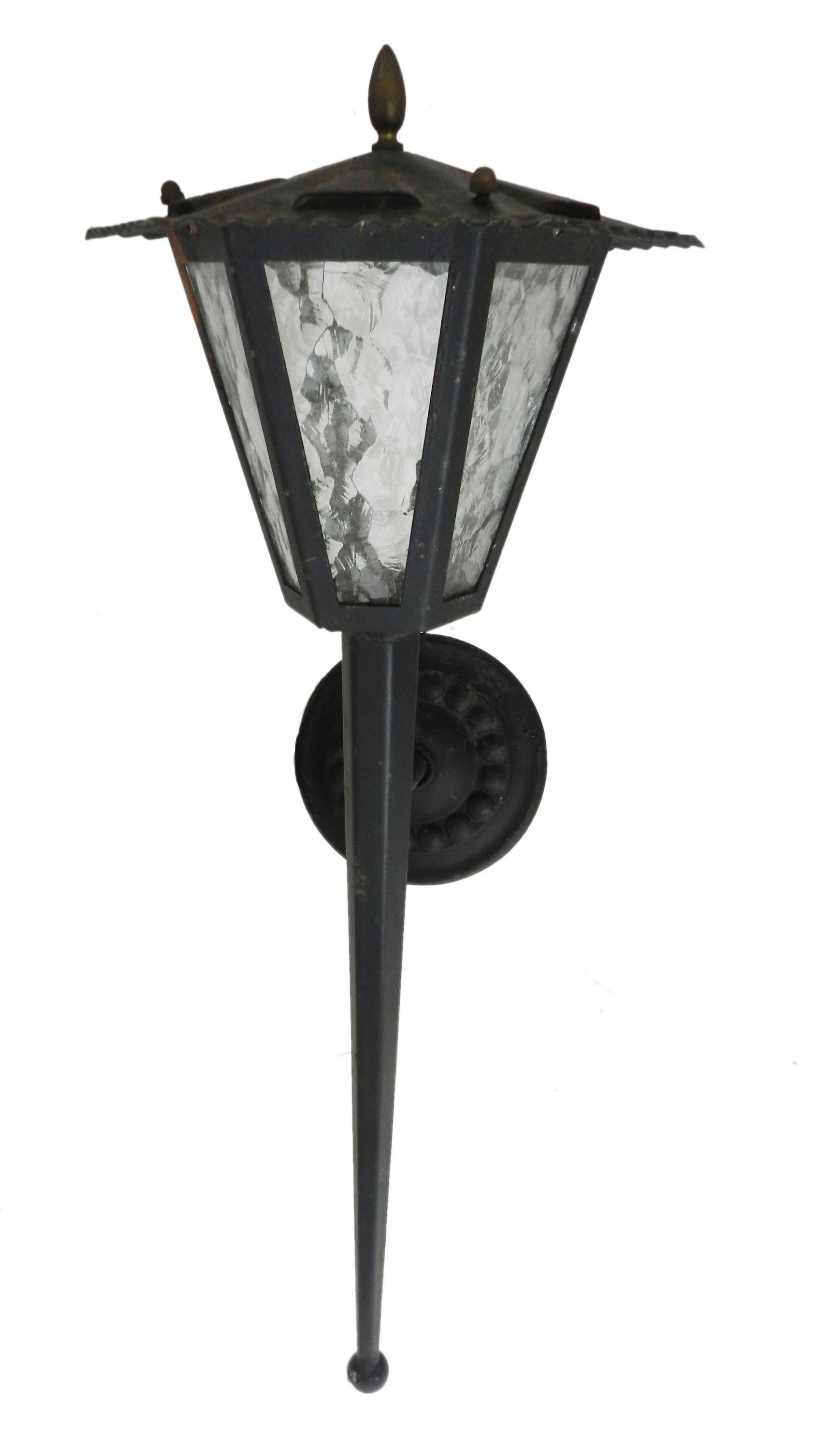 French Outdoor Light Exterior Lantern Porch Wrought Iron Glass c1970  For Sale