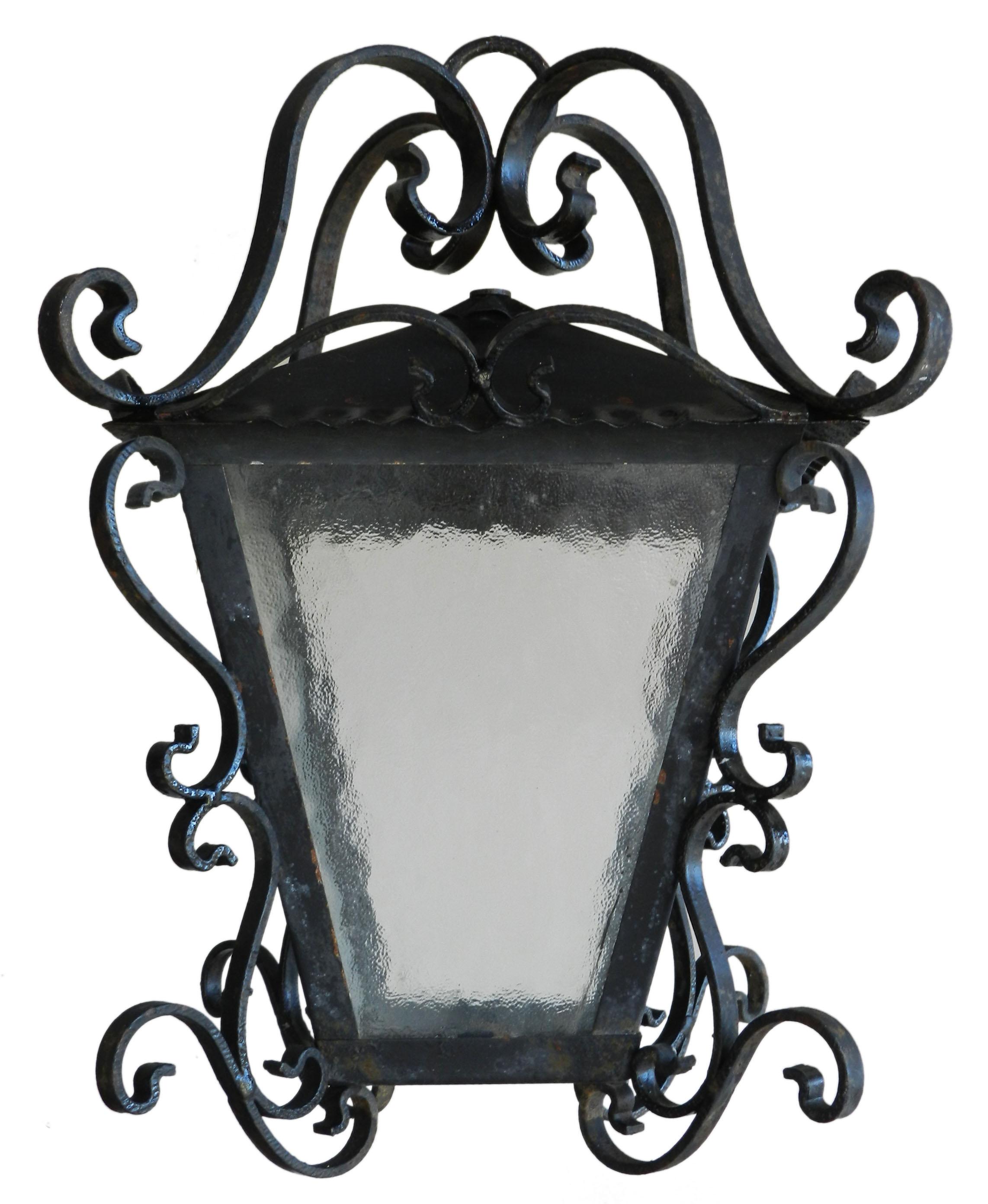 Outdoor lantern exterior porch light wrought iron glass vintage mid century
Vintage wrought iron and glass
Shown here without light which will be added before we ship
Very sound and solid with surface signs of wear, it can be re-painted if required,