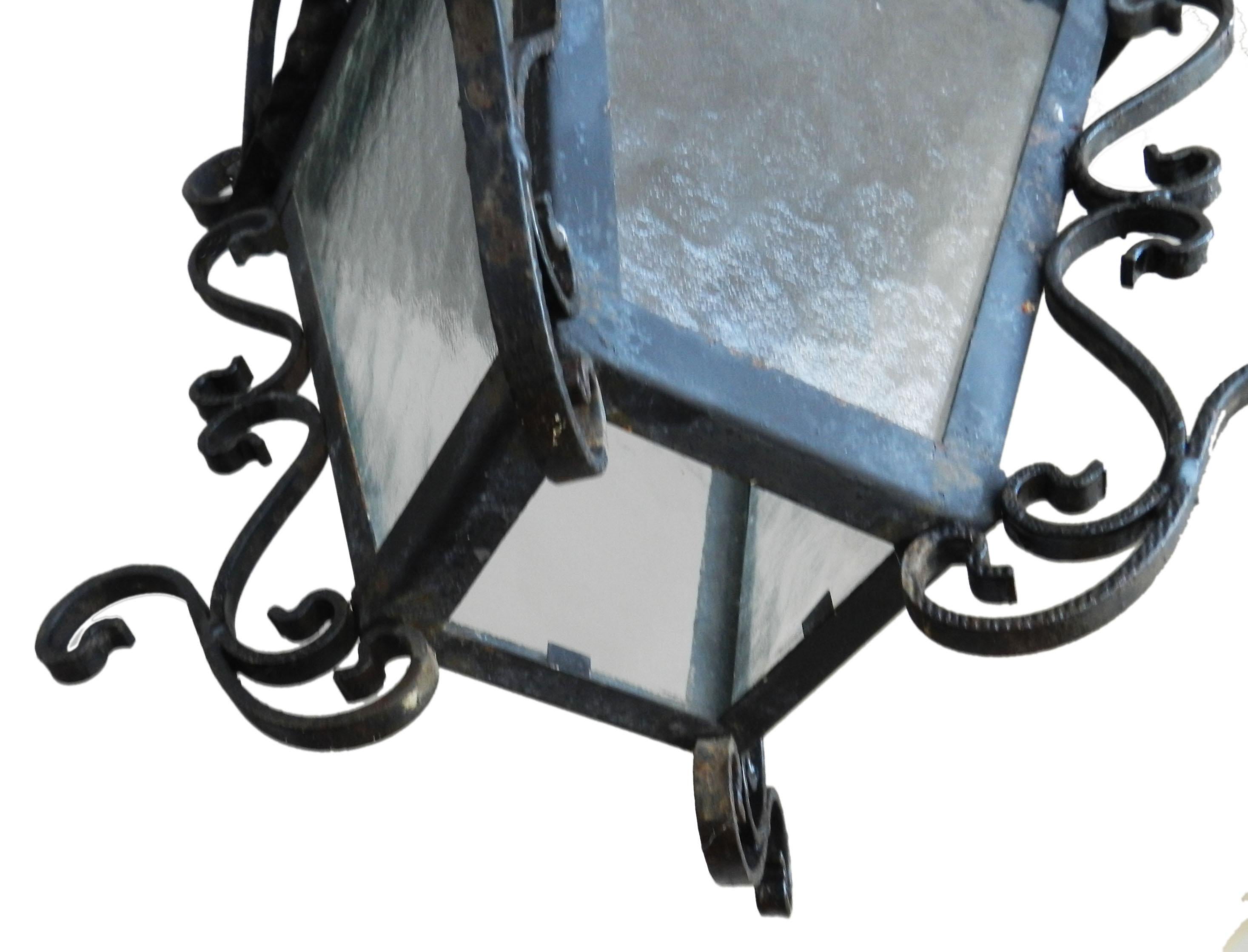 Outdoor Light Exterior Lantern Porch Wrought Iron Glass Midcentury  In Good Condition In Mimizan, FR