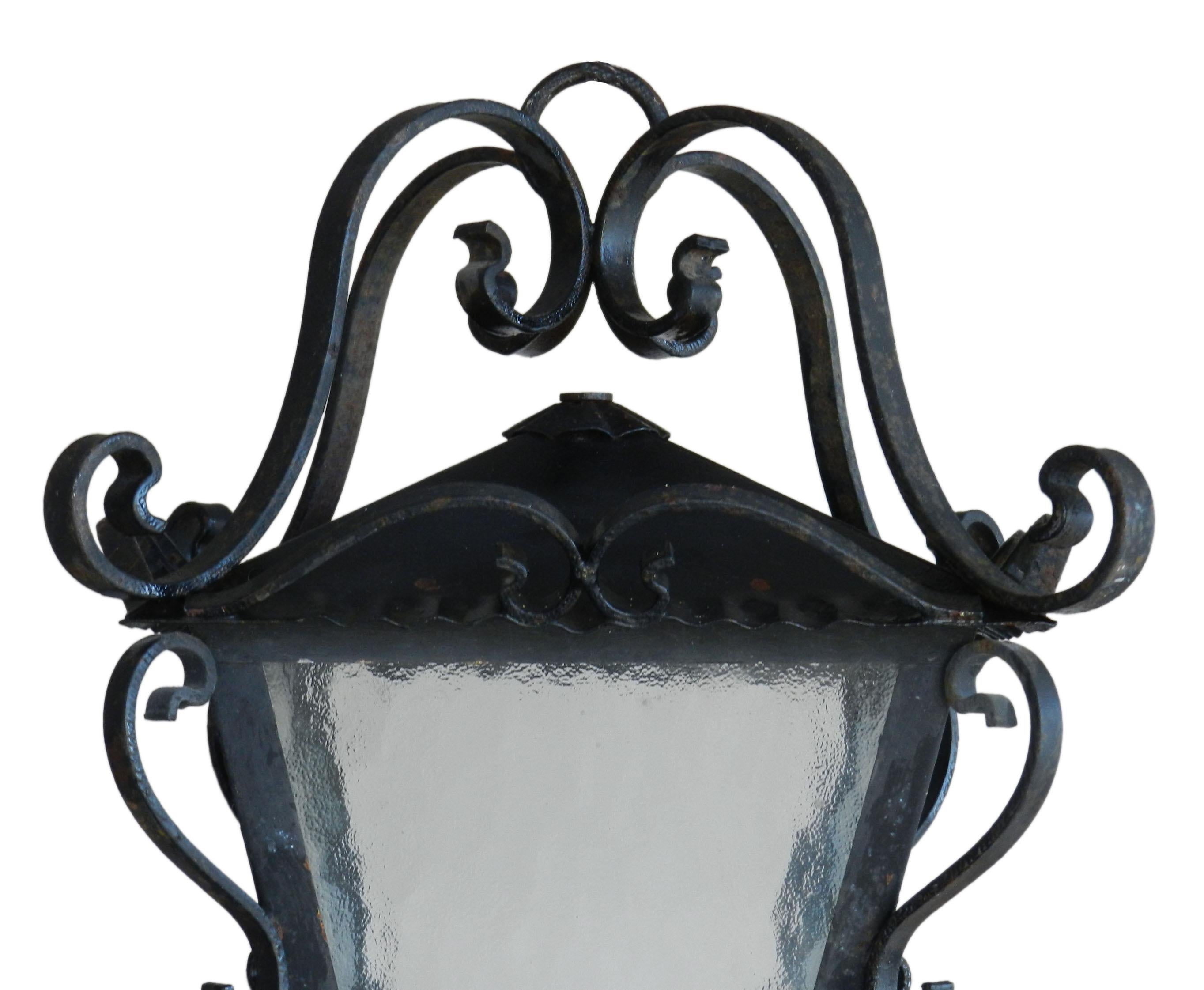 Mid-20th Century Outdoor Light Exterior Lantern Porch Wrought Iron Glass Midcentury 