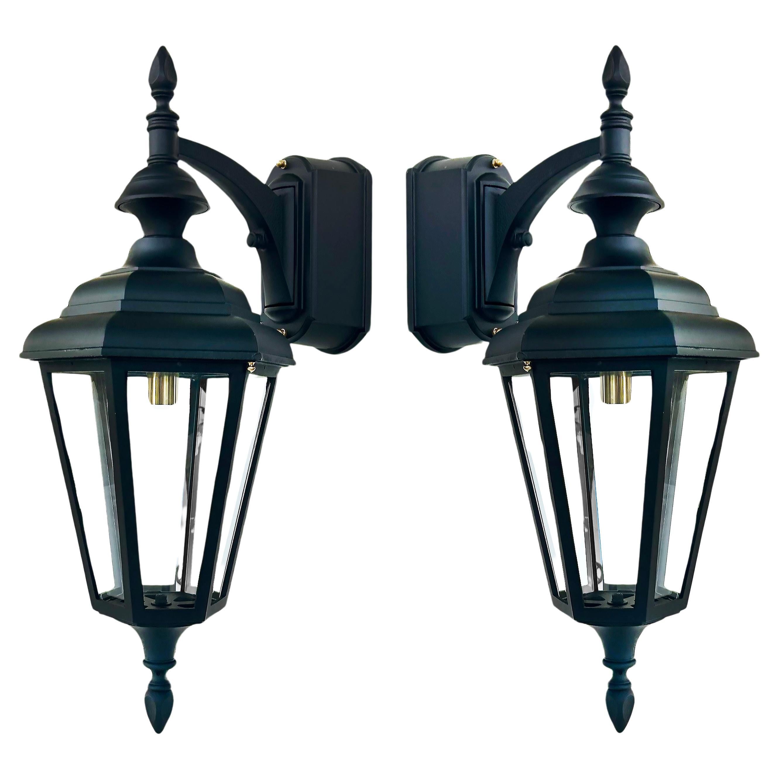 Exterior Pair of Lantern Wall Sconces Completely Restored with Porcelain Sockets For Sale