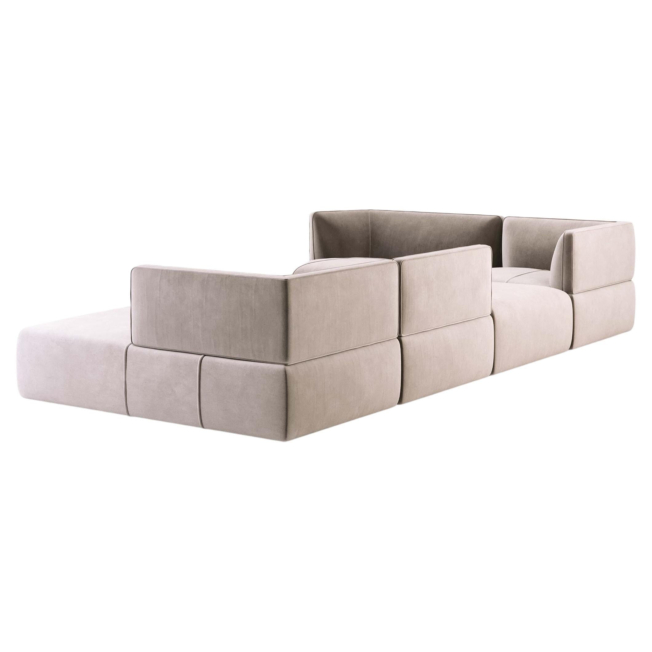 Tailor made and fully upholstered sectional sofa offered in a selection of luxurious, velvet fabrics.
Shown with taupe cotton velvet. All hardwood frame with advanced comfort spring suspension. The seat and back cushions filled with premium