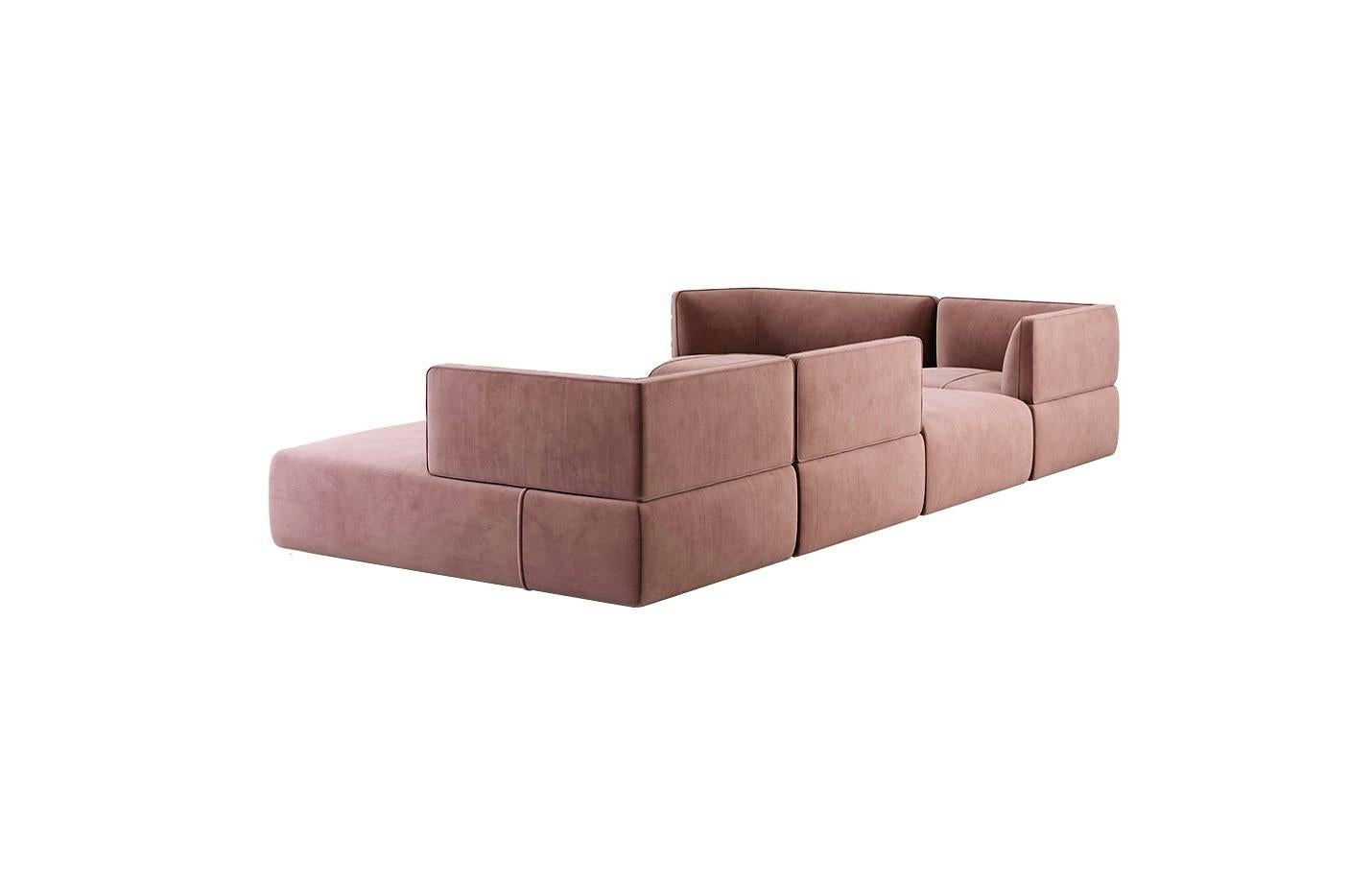 Tailor made and fully upholstered sectional sofa offered in a selection of luxurious, velvet fabrics.
Shown with salmon cotton velvet. All hardwood frame with advanced comfort spring suspension. The seat and back cushions filled with premium