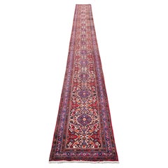 Tappeto Runner Hamadan Extra Extra Long Vintage annodato a mano, realizzato in lana al 100%.
