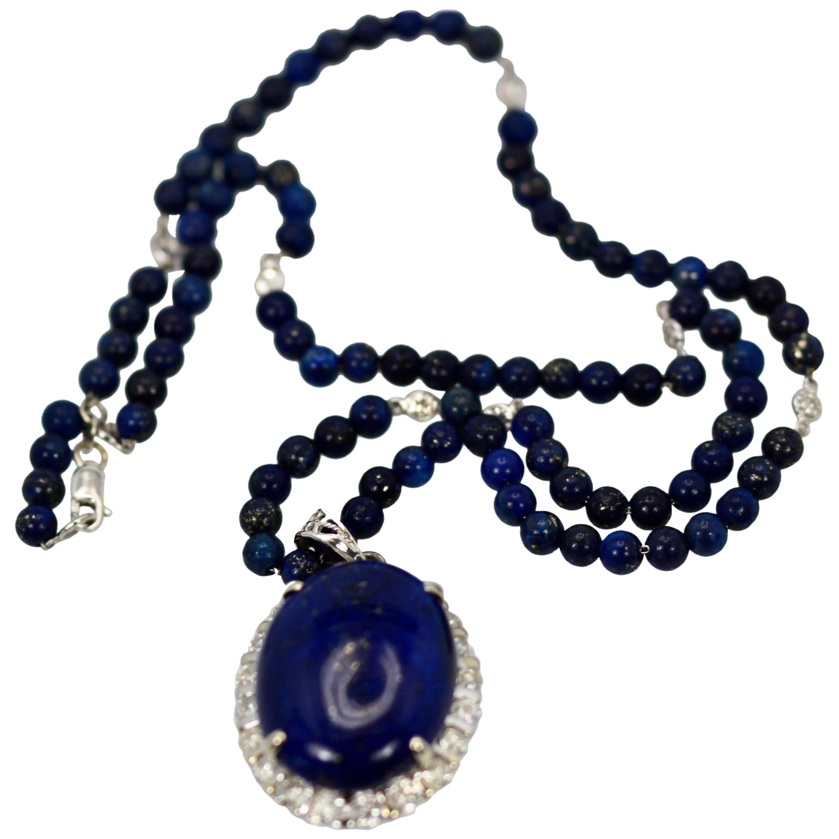 Extra Fine Lapis Lazuli Pendant Diamond Surround 18 Karat Diamond Studded Chain For Sale