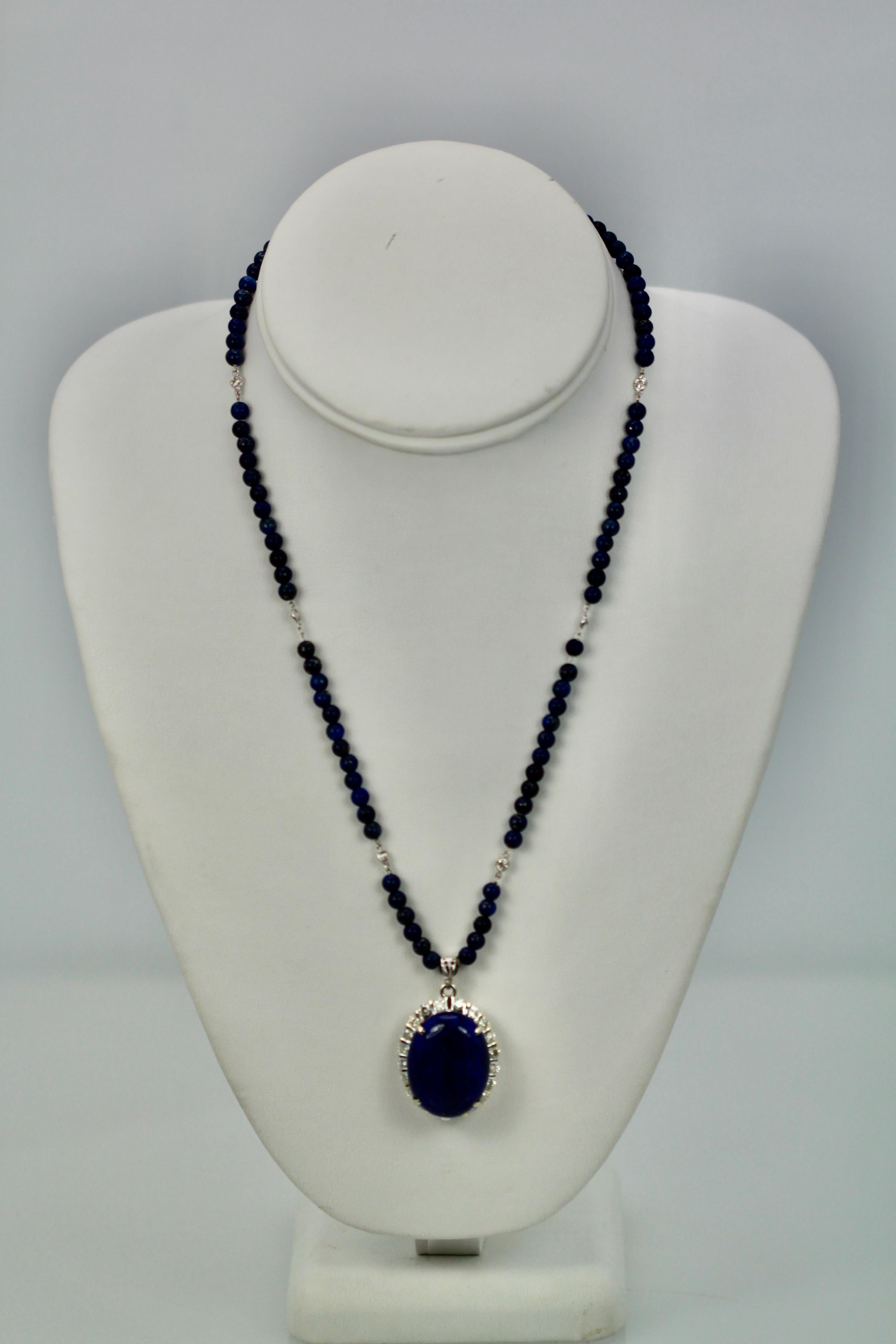 Extra Fine Lapis Lazuli Pendant Diamond Surround 18 Karat Diamond Studded Chain In New Condition For Sale In North Hollywood, CA