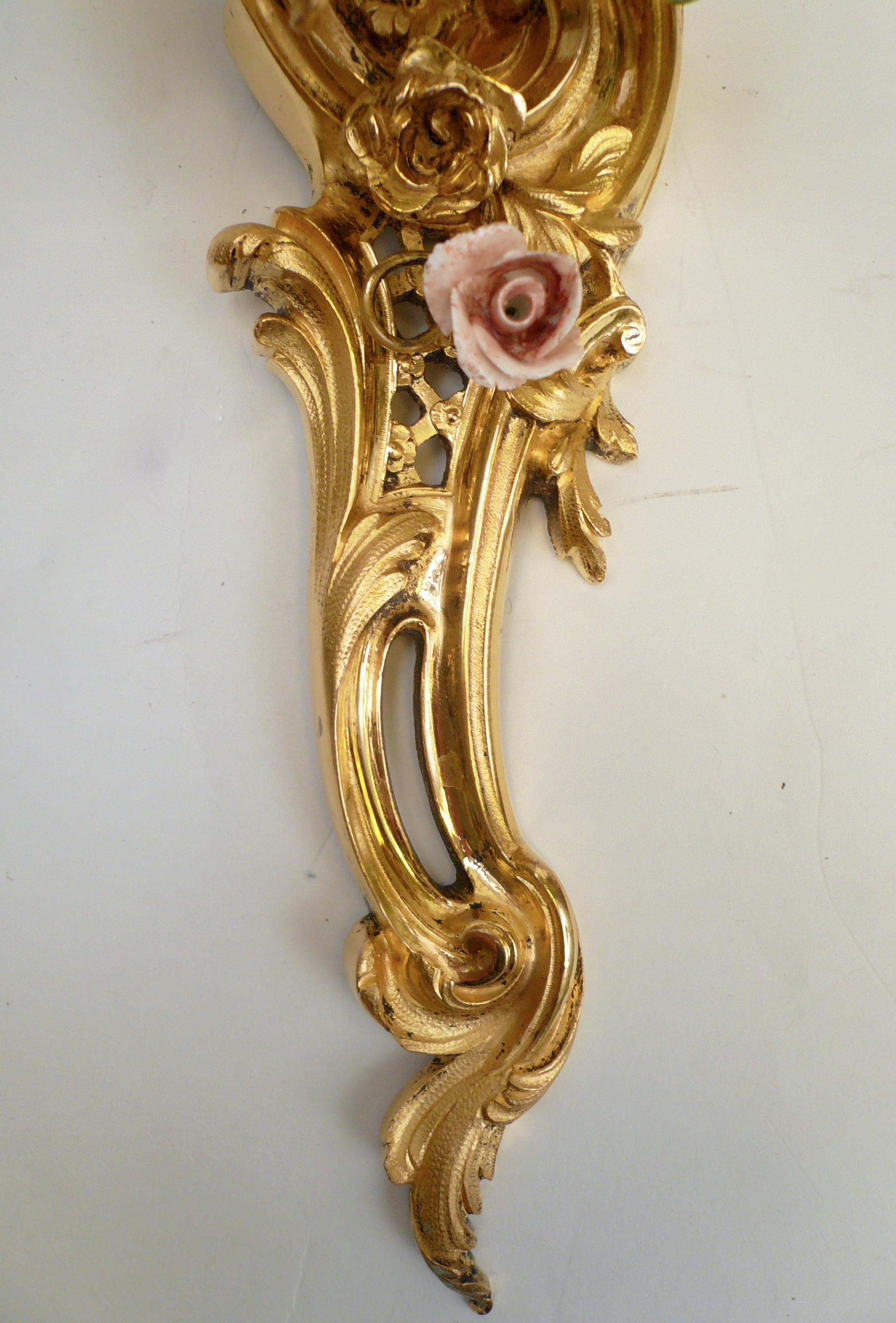 French Extra Fine Pair of Louis XV Style Gilt Bronze and Porcelain Flower Sconces
