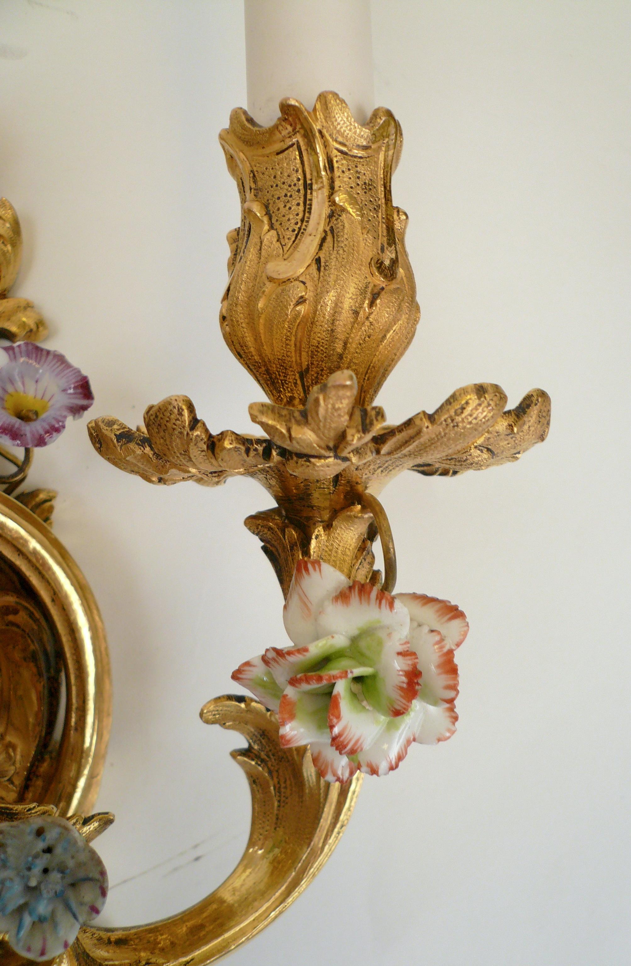 19th Century Extra Fine Pair of Louis XV Style Gilt Bronze and Porcelain Flower Sconces