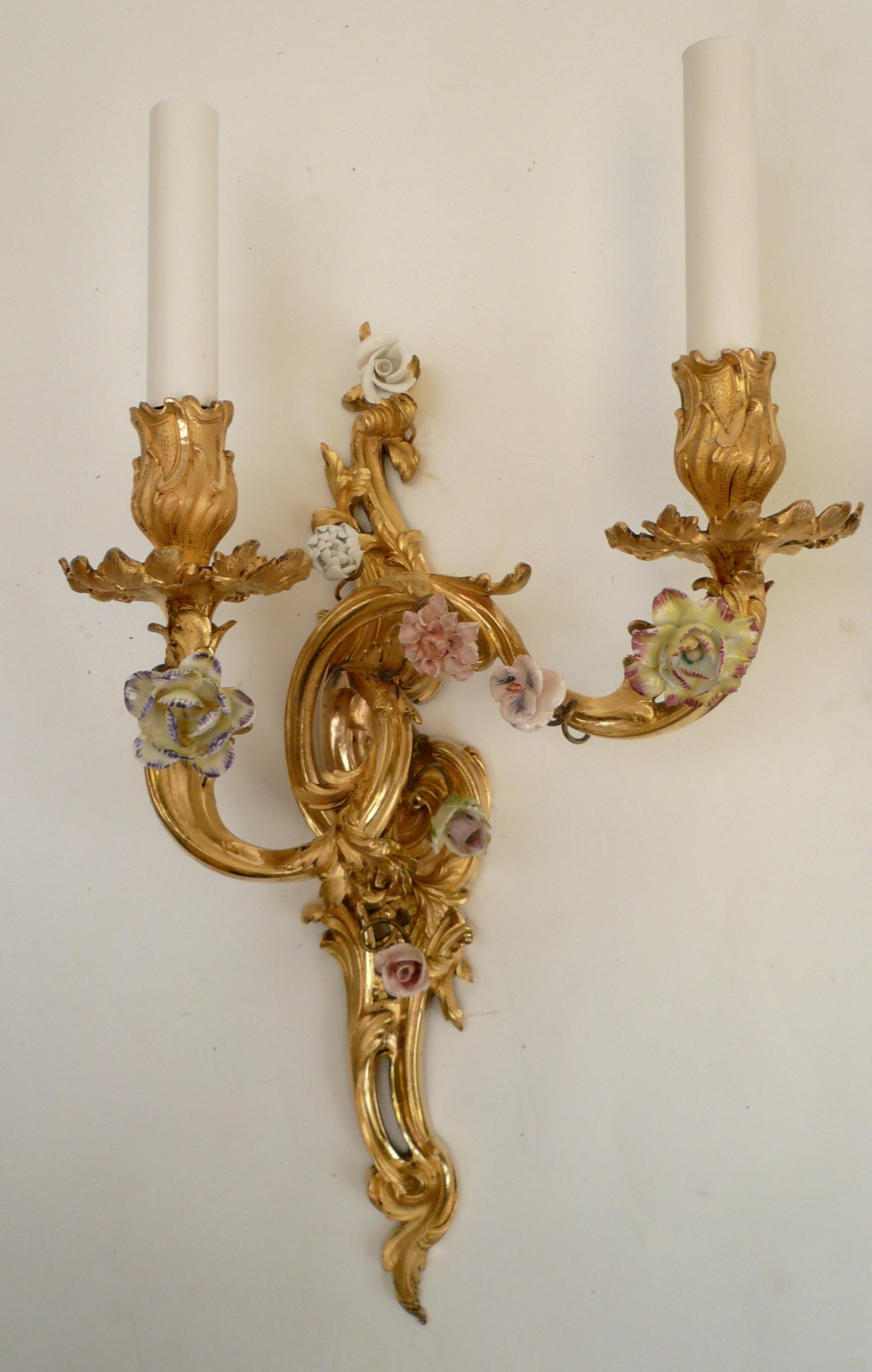 Extra Fine Pair of Louis XV Style Gilt Bronze and Porcelain Flower Sconces 2