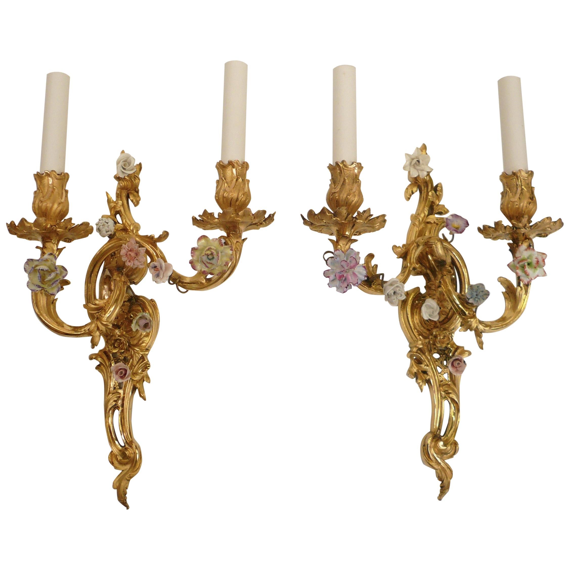 Extra Fine Pair of Louis XV Style Gilt Bronze and Porcelain Flower Sconces