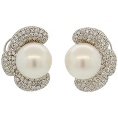 Extra Fine South Sea Pearl Diamond Gold Flower Clip Earrings