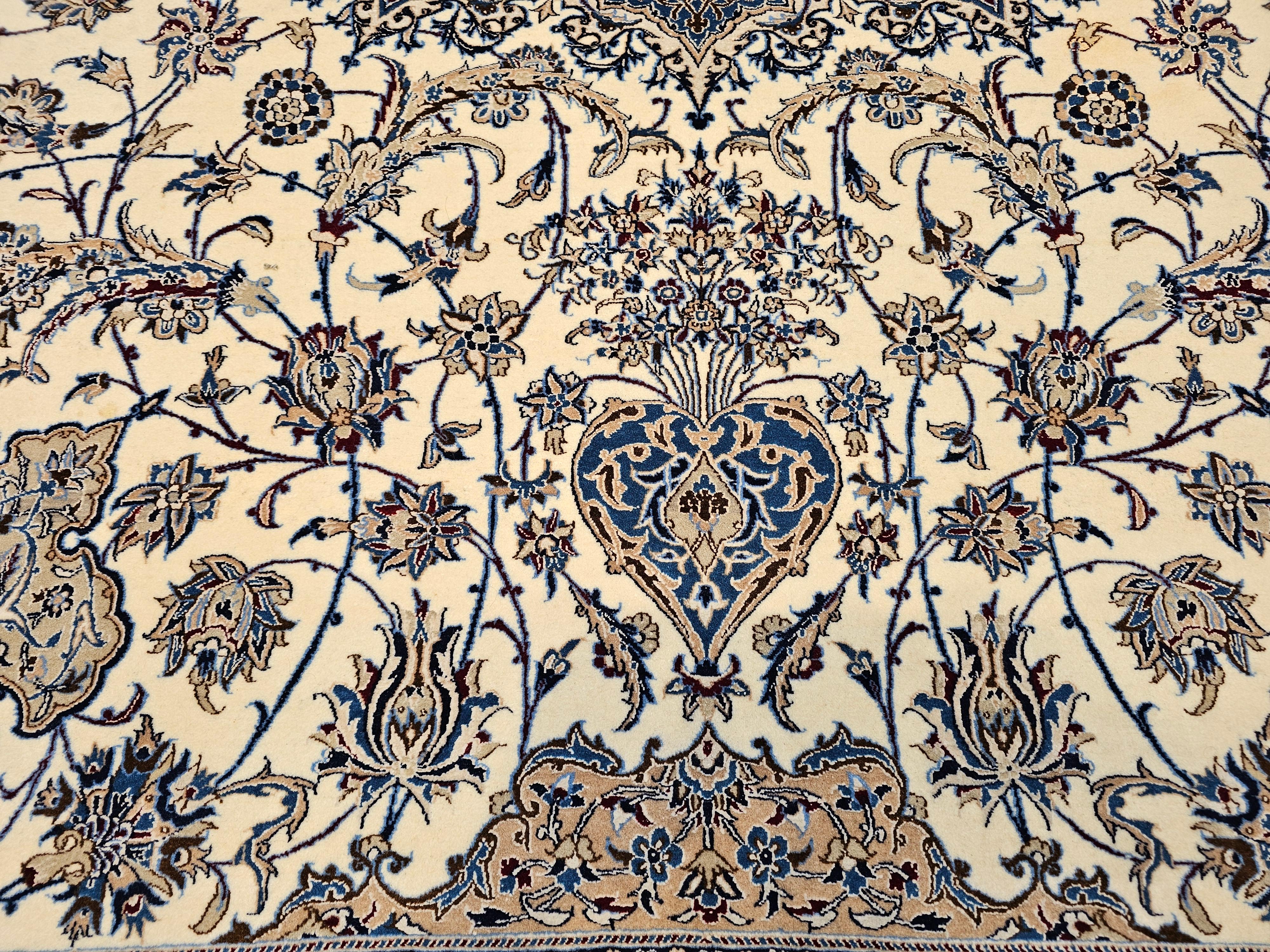 Extra Fine Weave Persian Nain in Floral Pattern in Ivory, Blue, Camel, Navy, Tan For Sale 4