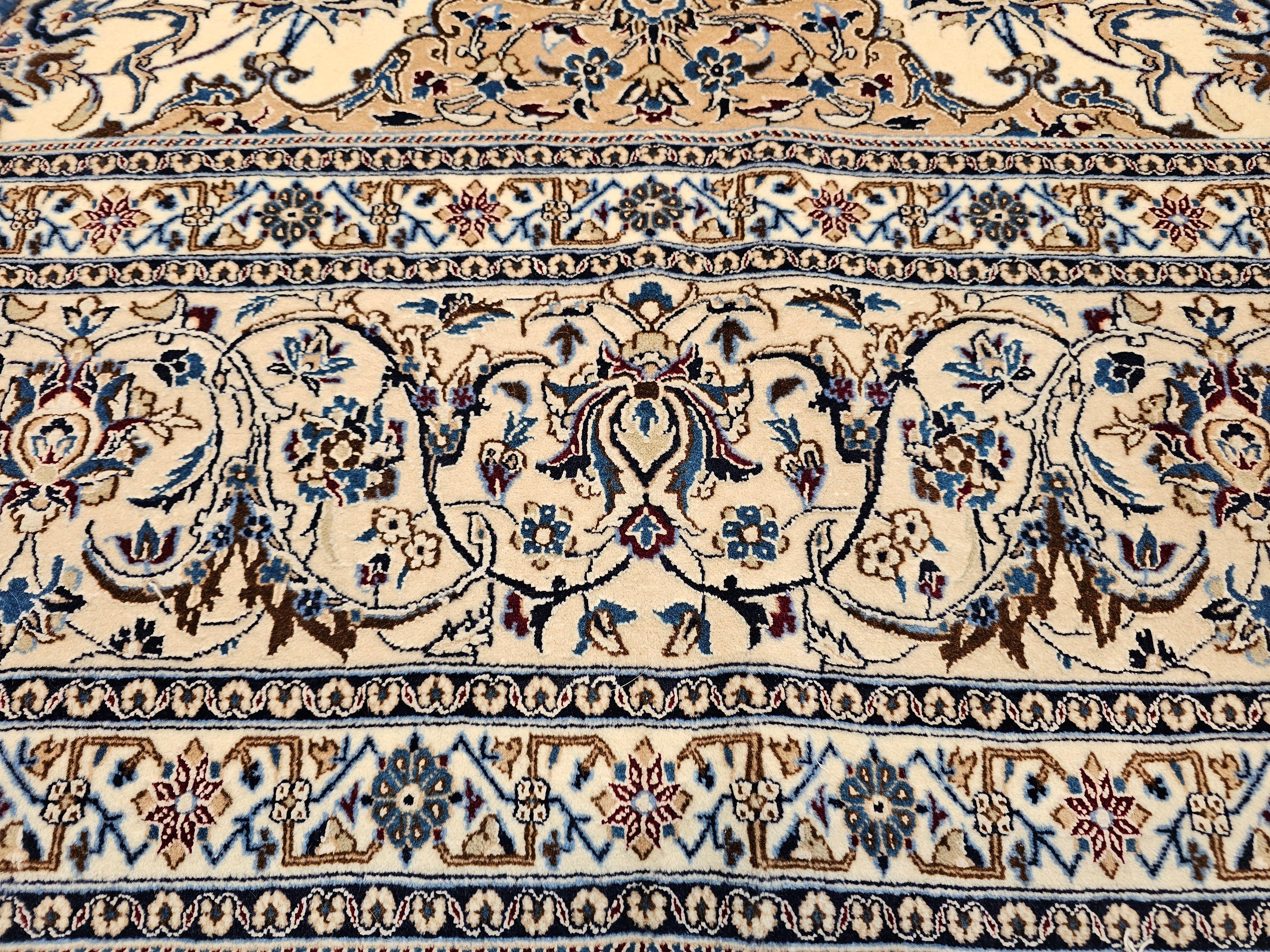 Extra Fine Weave Persian Nain in Floral Pattern in Ivory, Blue, Camel, Navy, Tan For Sale 5