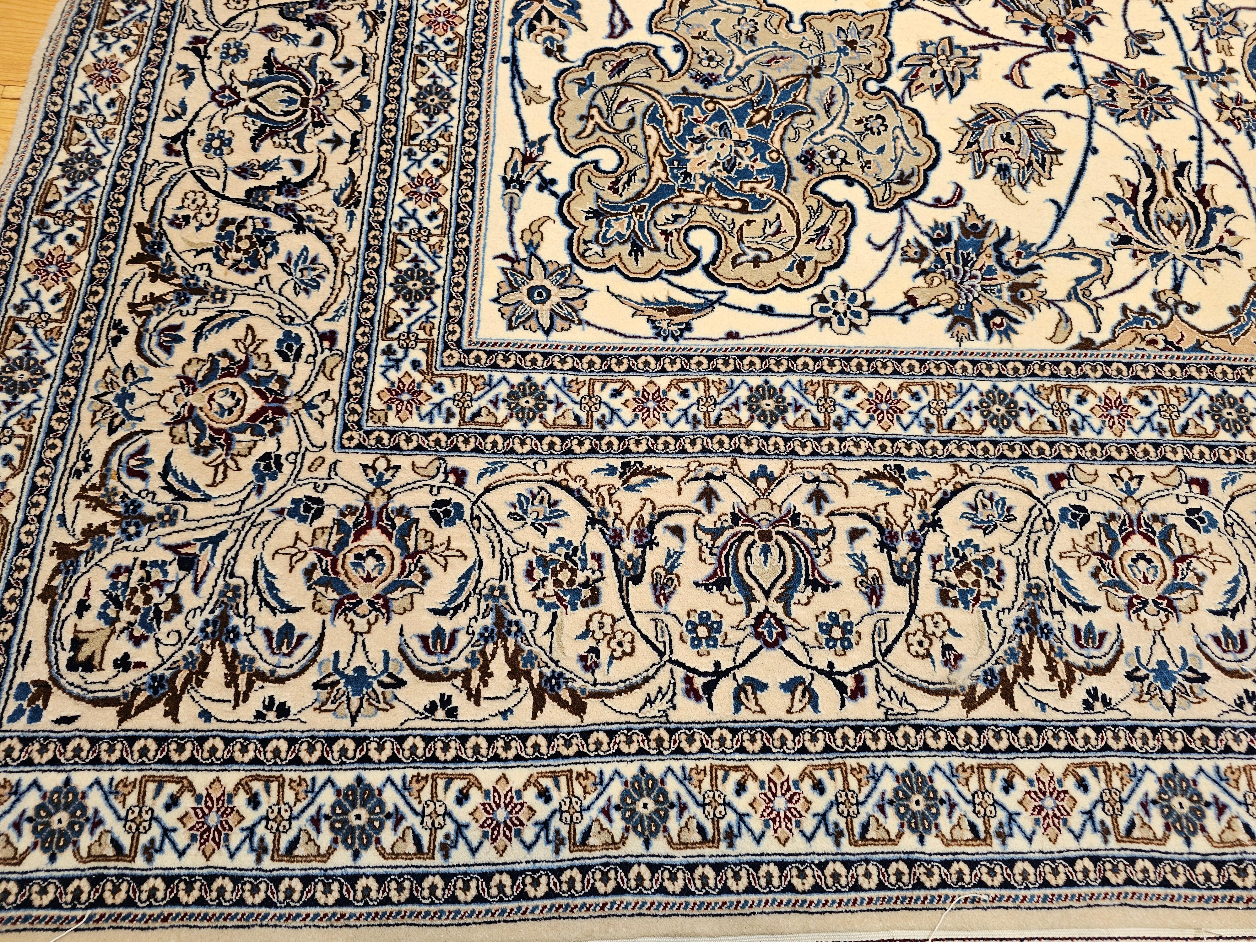 Extra Fine Weave Persian Nain in Floral Pattern in Ivory, Blue, Camel, Navy, Tan For Sale 6