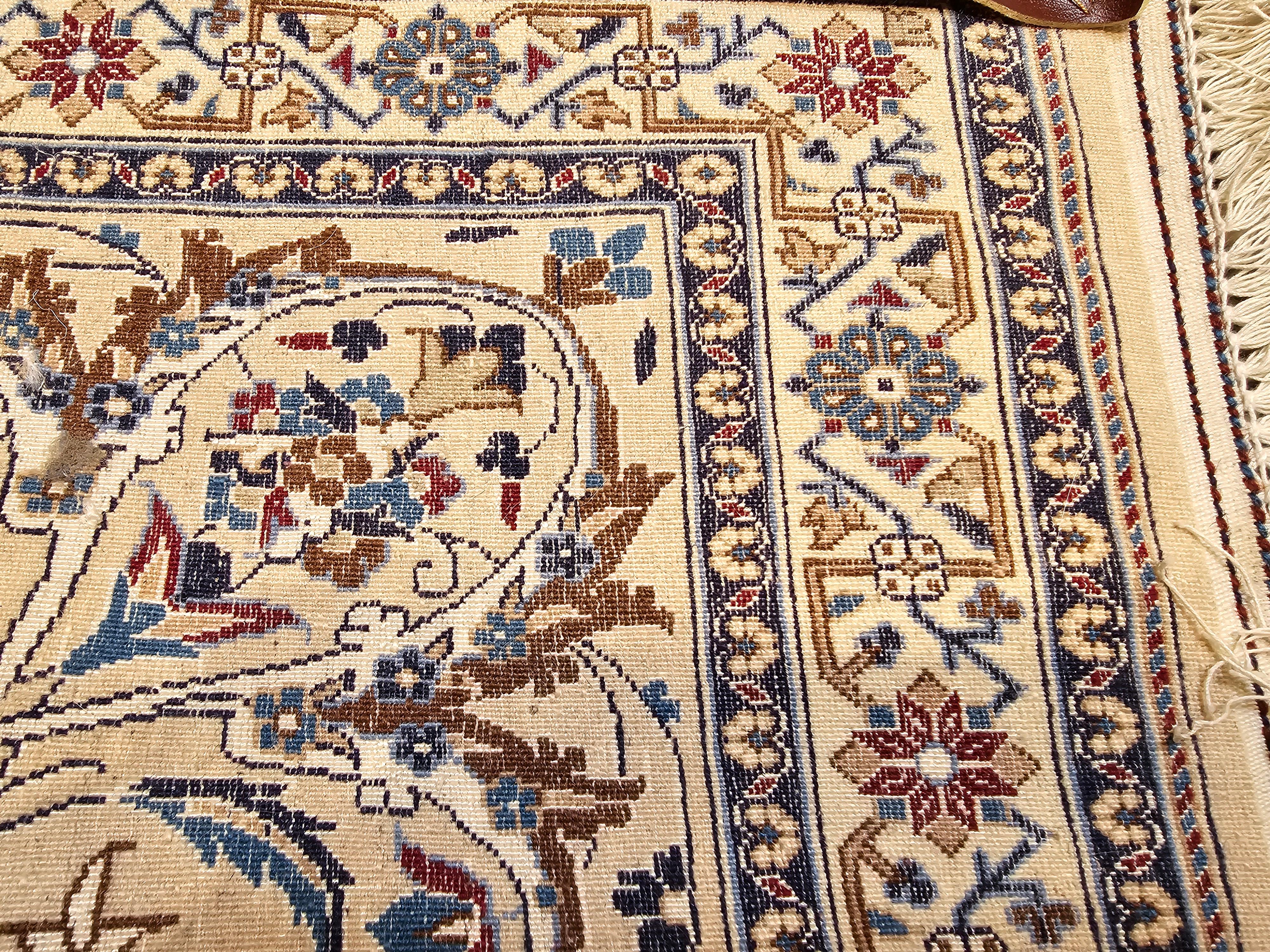 Extra Fine Weave Persian Nain in Floral Pattern in Ivory, Blue, Camel, Navy, Tan For Sale 7