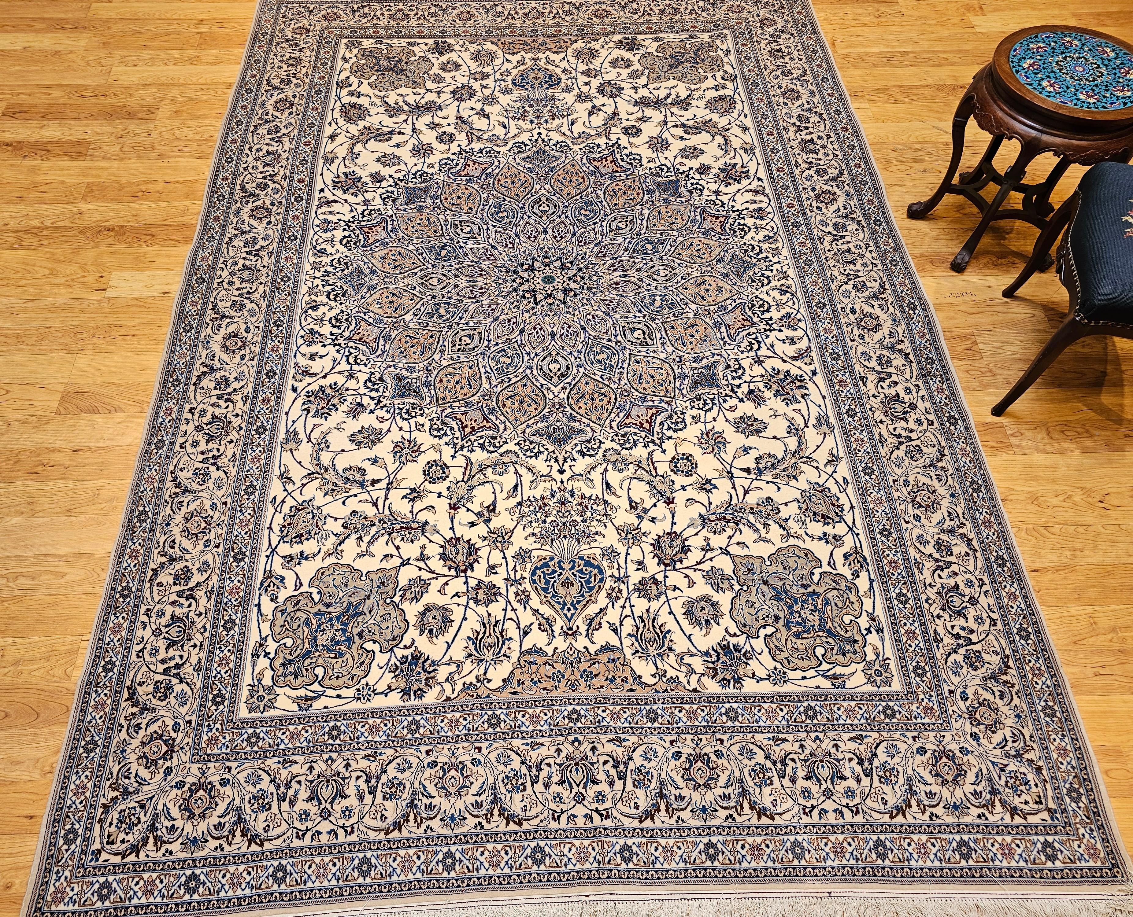 Extra Fine Weave Persian Nain in Floral Pattern in Ivory, Blue, Camel, Navy, Tan For Sale 8