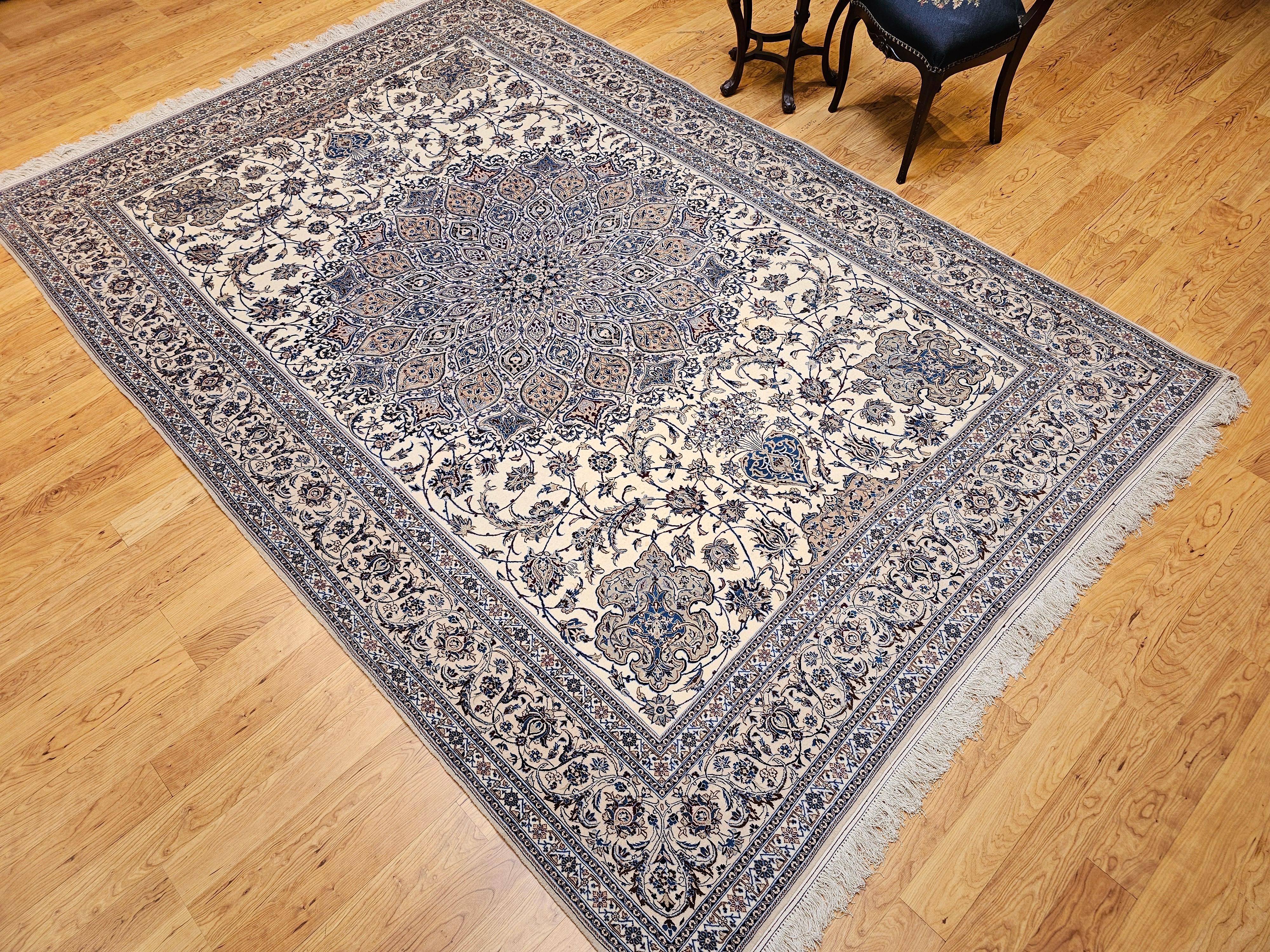 Extra Fine Weave Persian Nain in Floral Pattern in Ivory, Blue, Camel, Navy, Tan For Sale 9