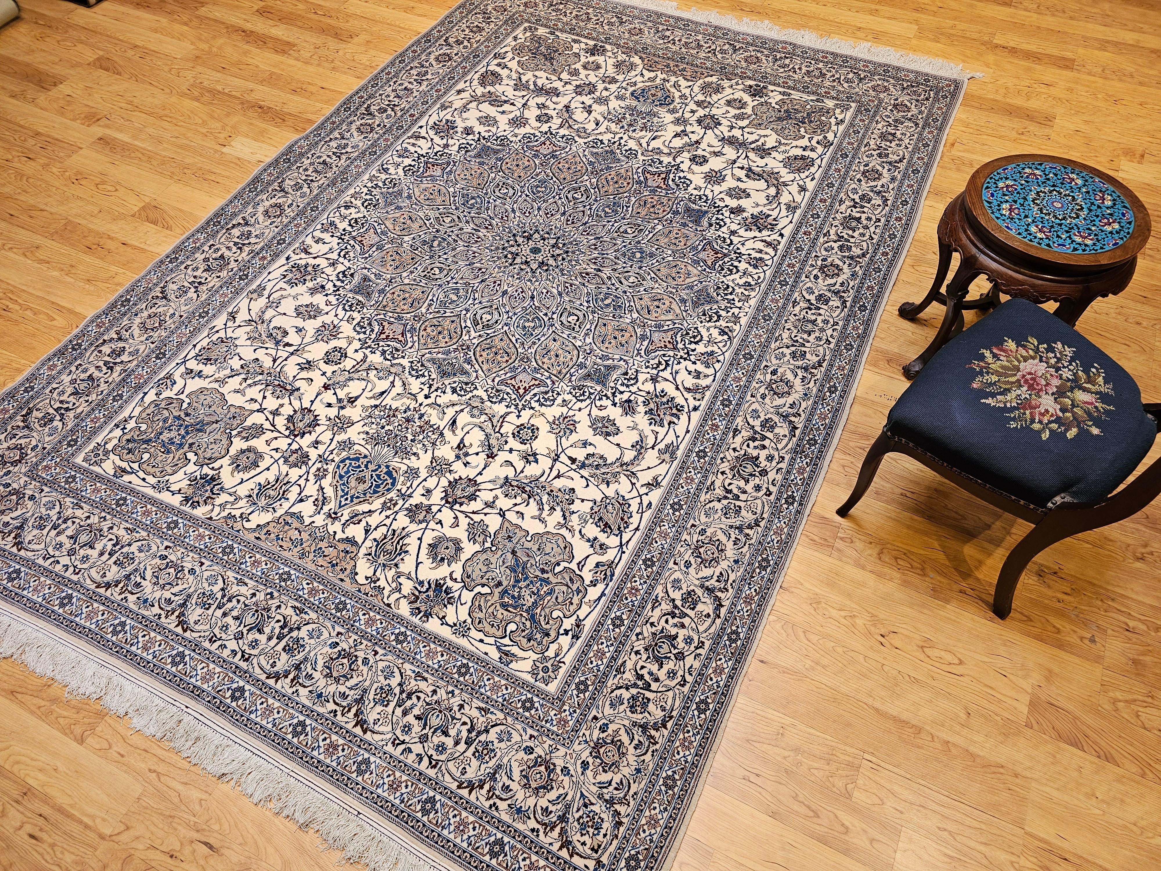 Extra Fine Weave Persian Nain in Floral Pattern in Ivory, Blue, Camel, Navy, Tan For Sale 10