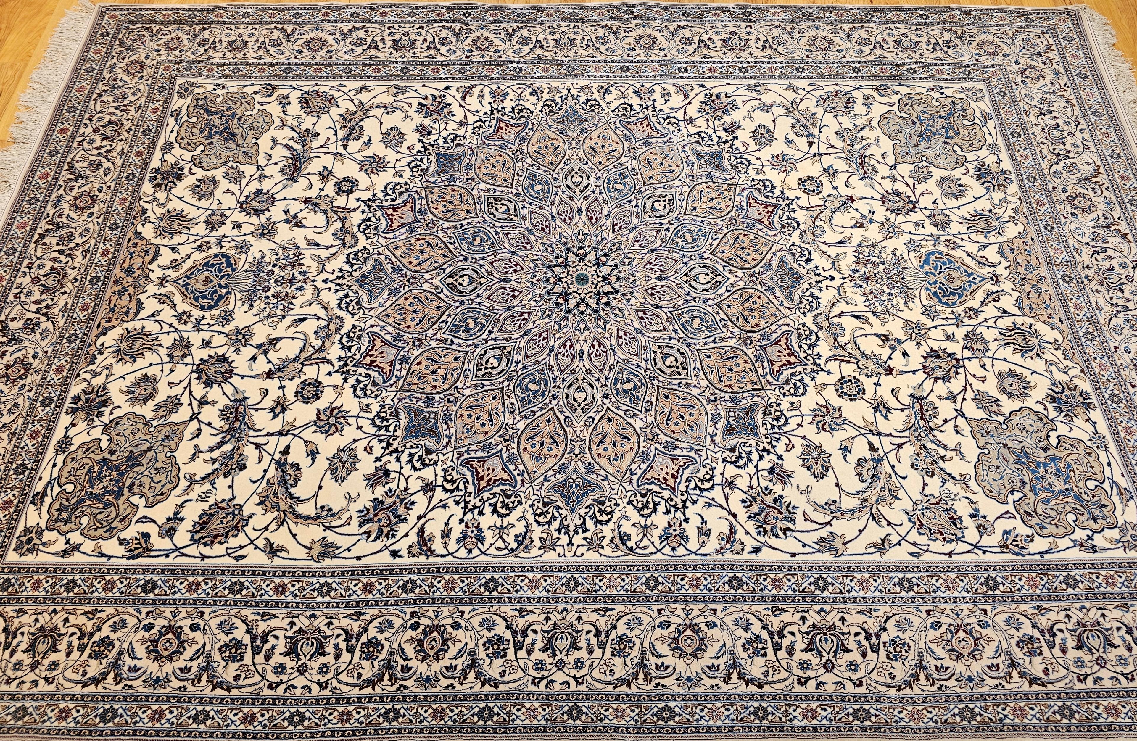 Extra Fine Weave Persian Nain in Floral Pattern in Ivory, Blue, Camel, Navy, Tan For Sale 11
