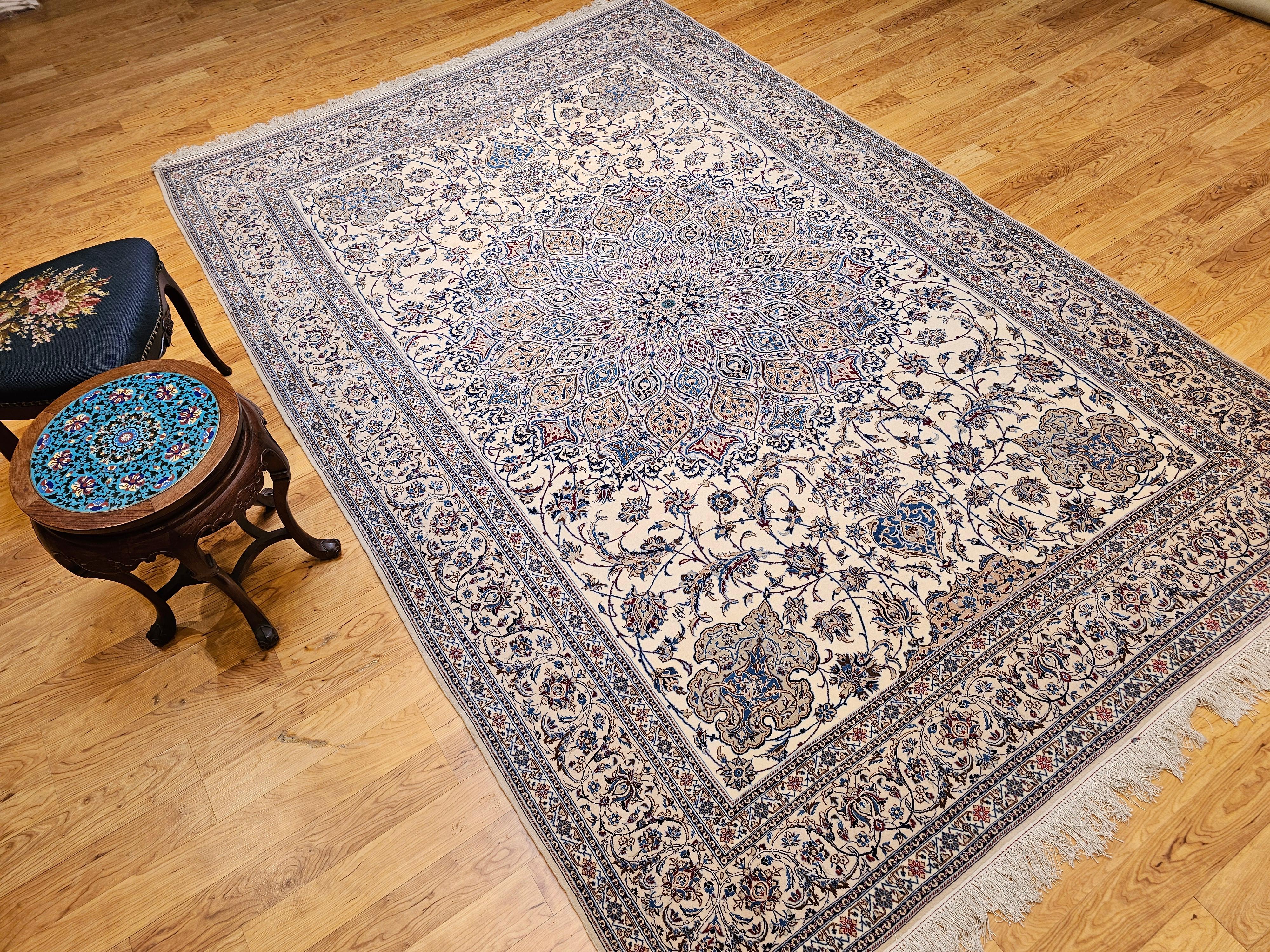 Extra Fine Weave Persian Nain in Floral Pattern in Ivory, Blue, Camel, Navy, Tan For Sale 12