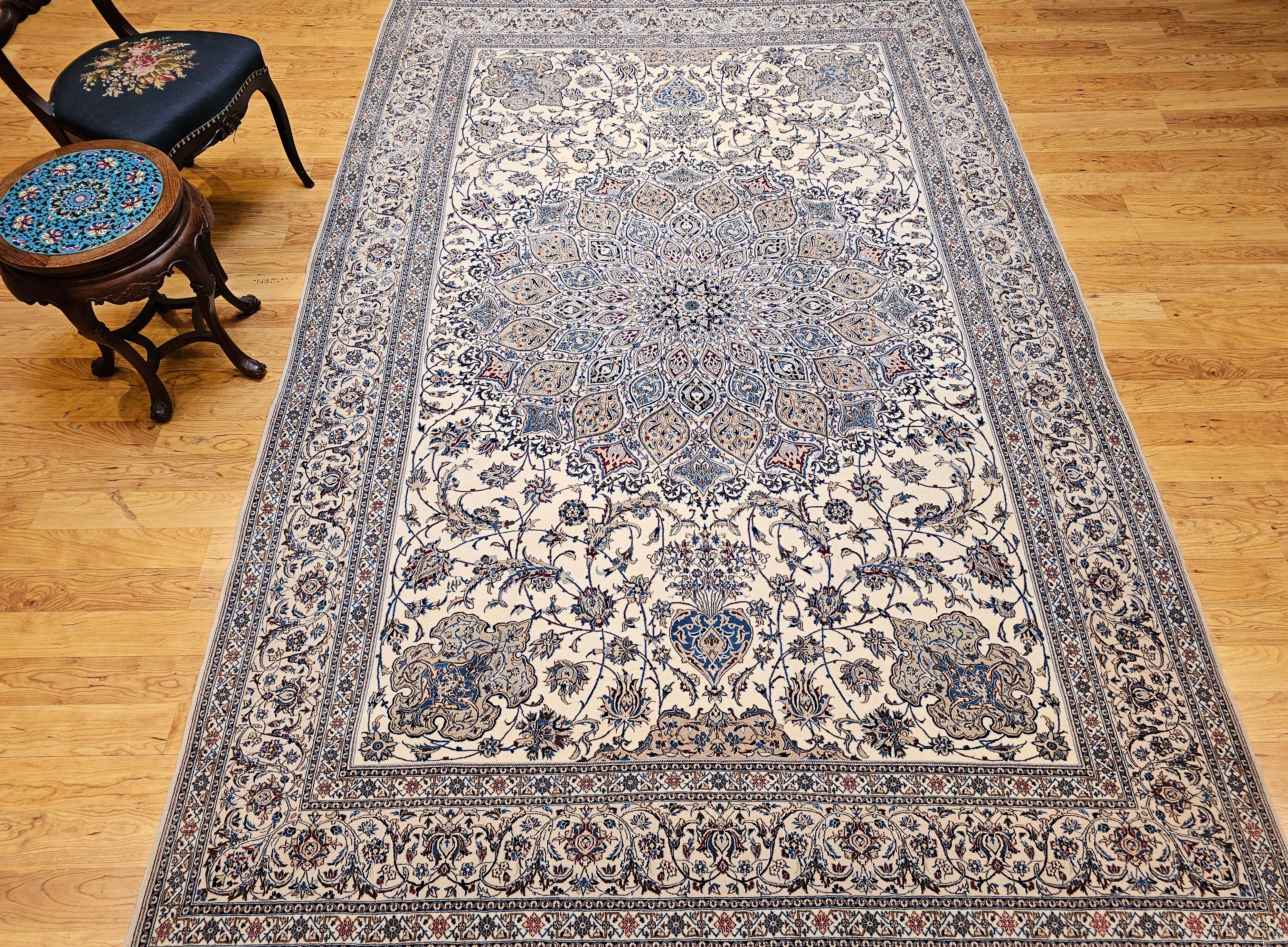 Extra Fine Weave Persian Nain in Floral Pattern in Ivory, Blue, Camel, Navy, Tan For Sale 14