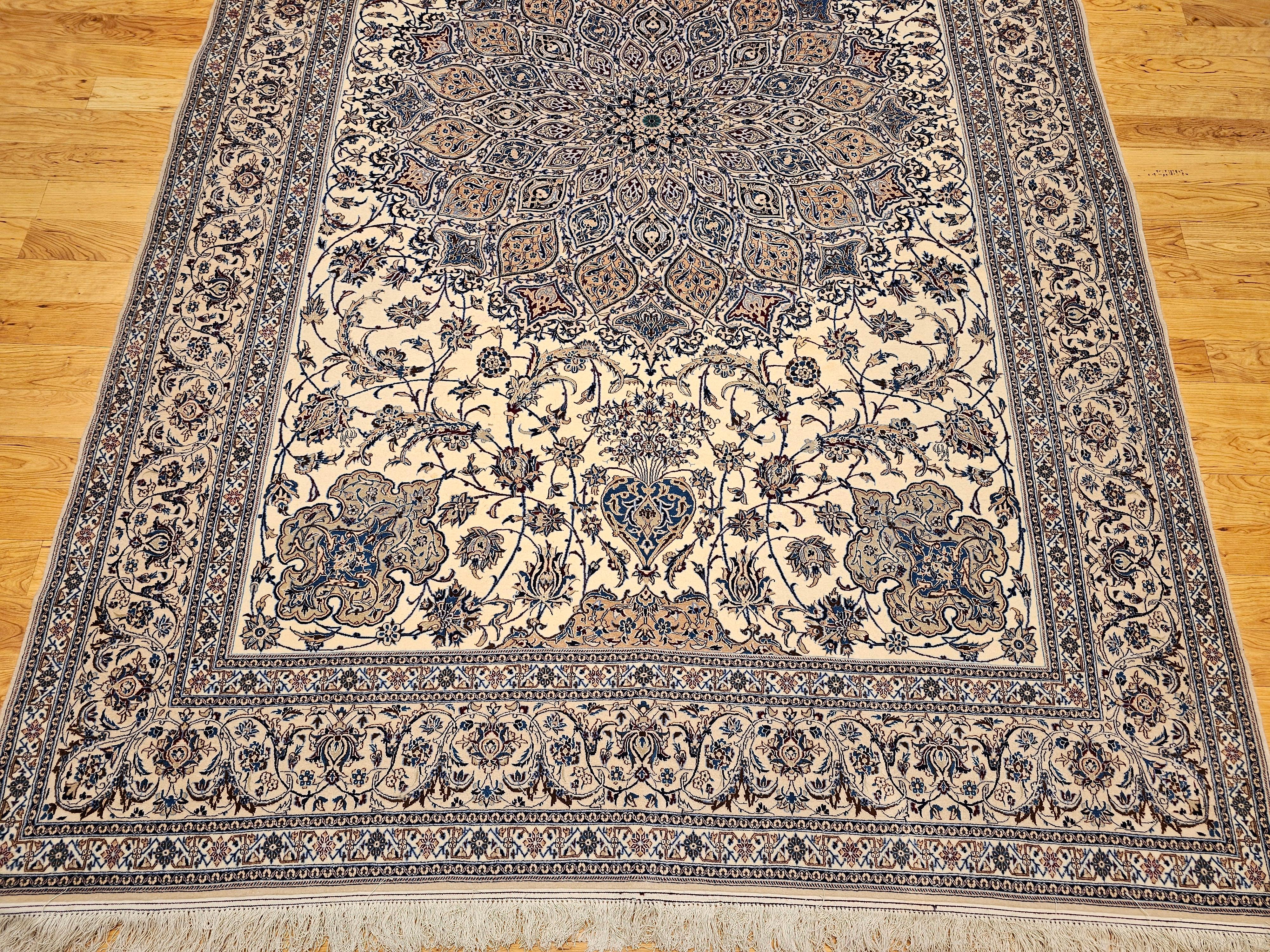Hand-Woven Extra Fine Weave Persian Nain in Floral Pattern in Ivory, Blue, Camel, Navy, Tan For Sale