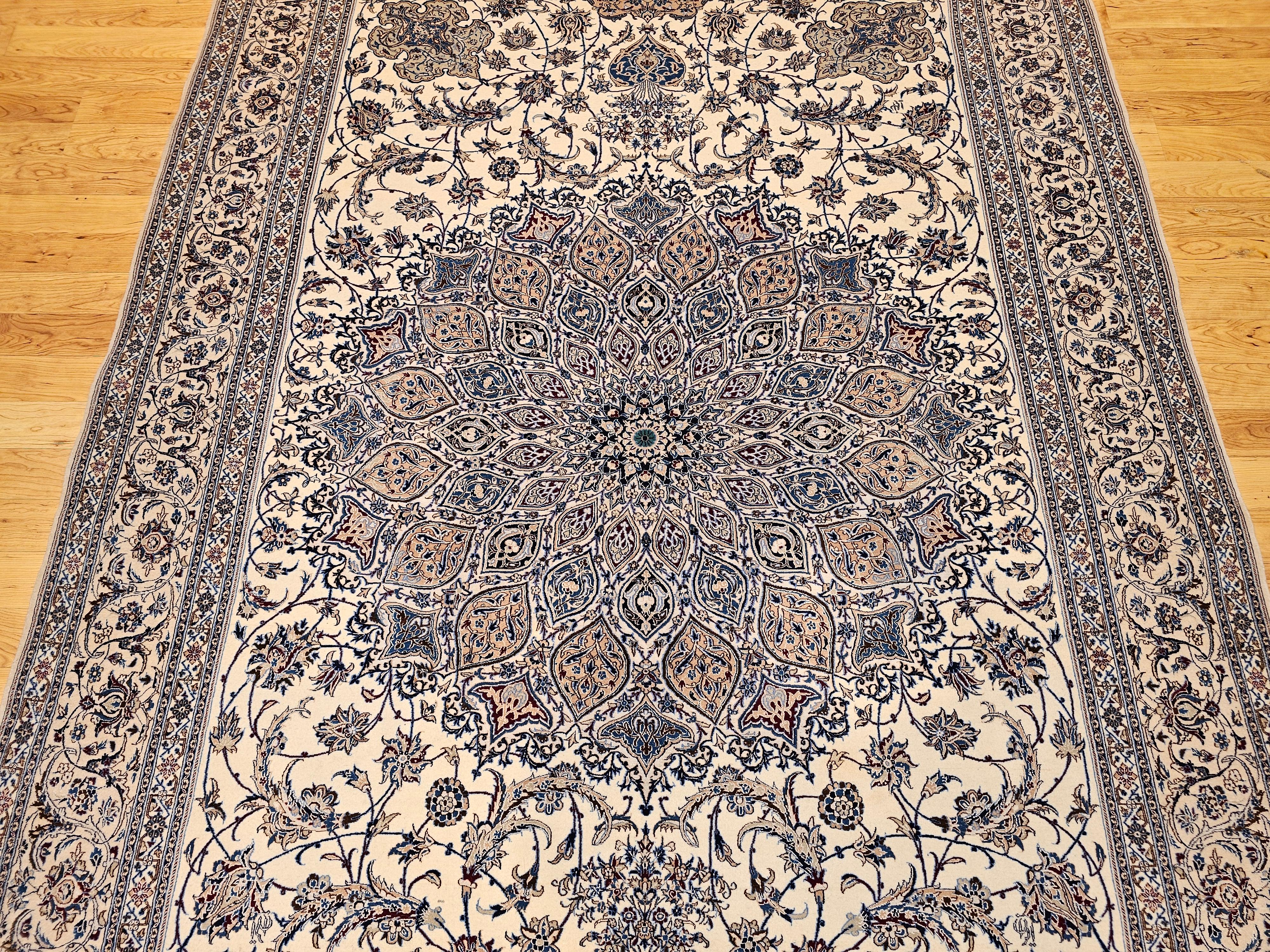Extra Fine Weave Persian Nain in Floral Pattern in Ivory, Blue, Camel, Navy, Tan In Good Condition For Sale In Barrington, IL