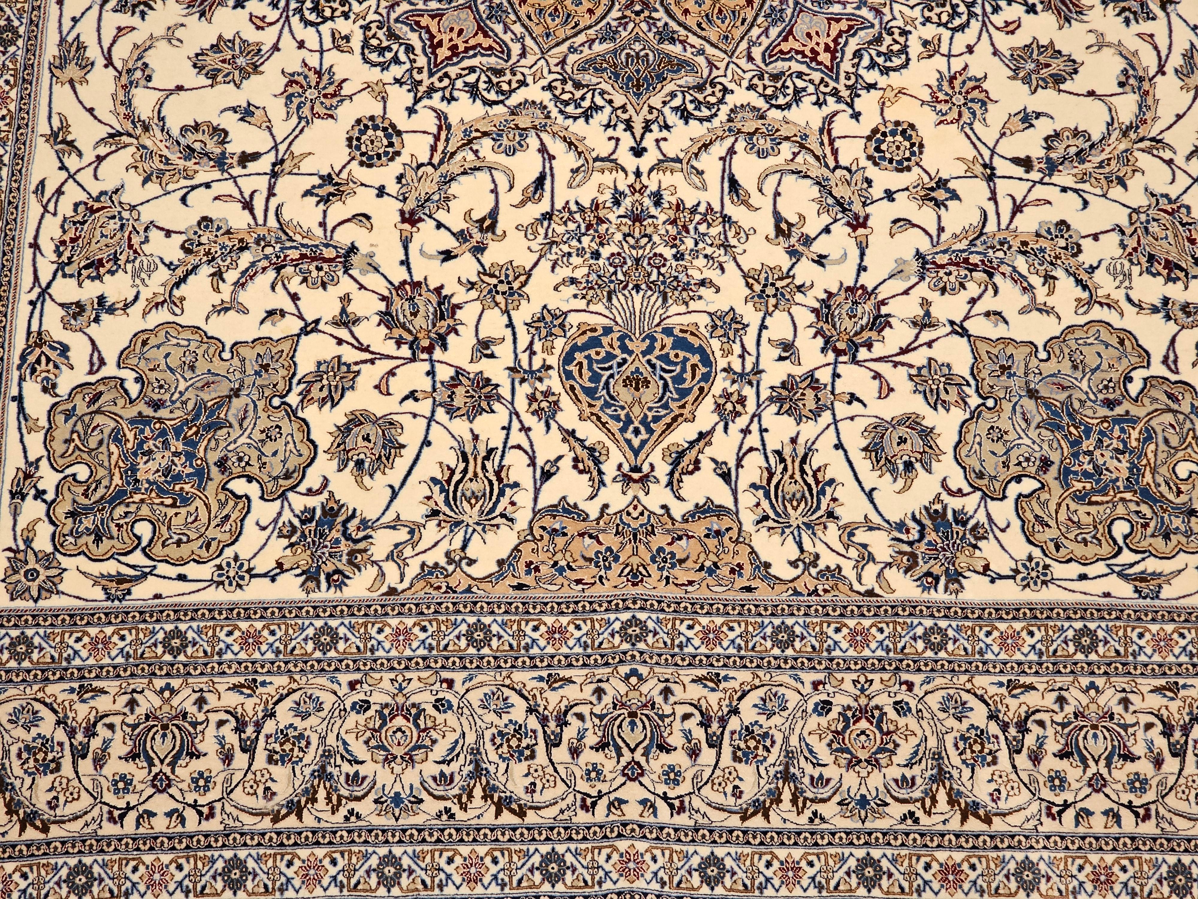Wool Extra Fine Weave Persian Nain in Floral Pattern in Ivory, Blue, Camel, Navy, Tan For Sale