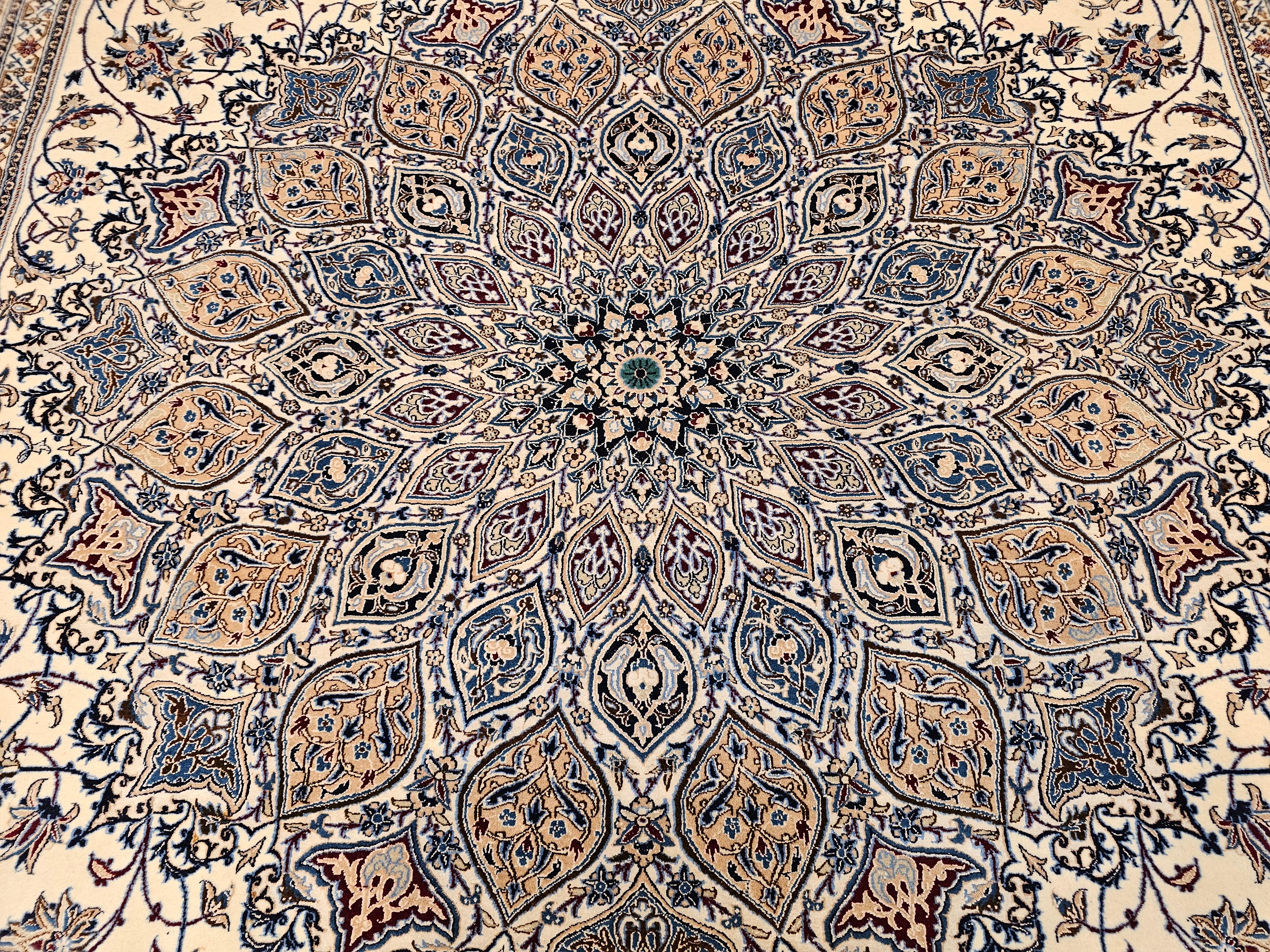 Extra Fine Weave Persian Nain in Floral Pattern in Ivory, Blue, Camel, Navy, Tan For Sale 2