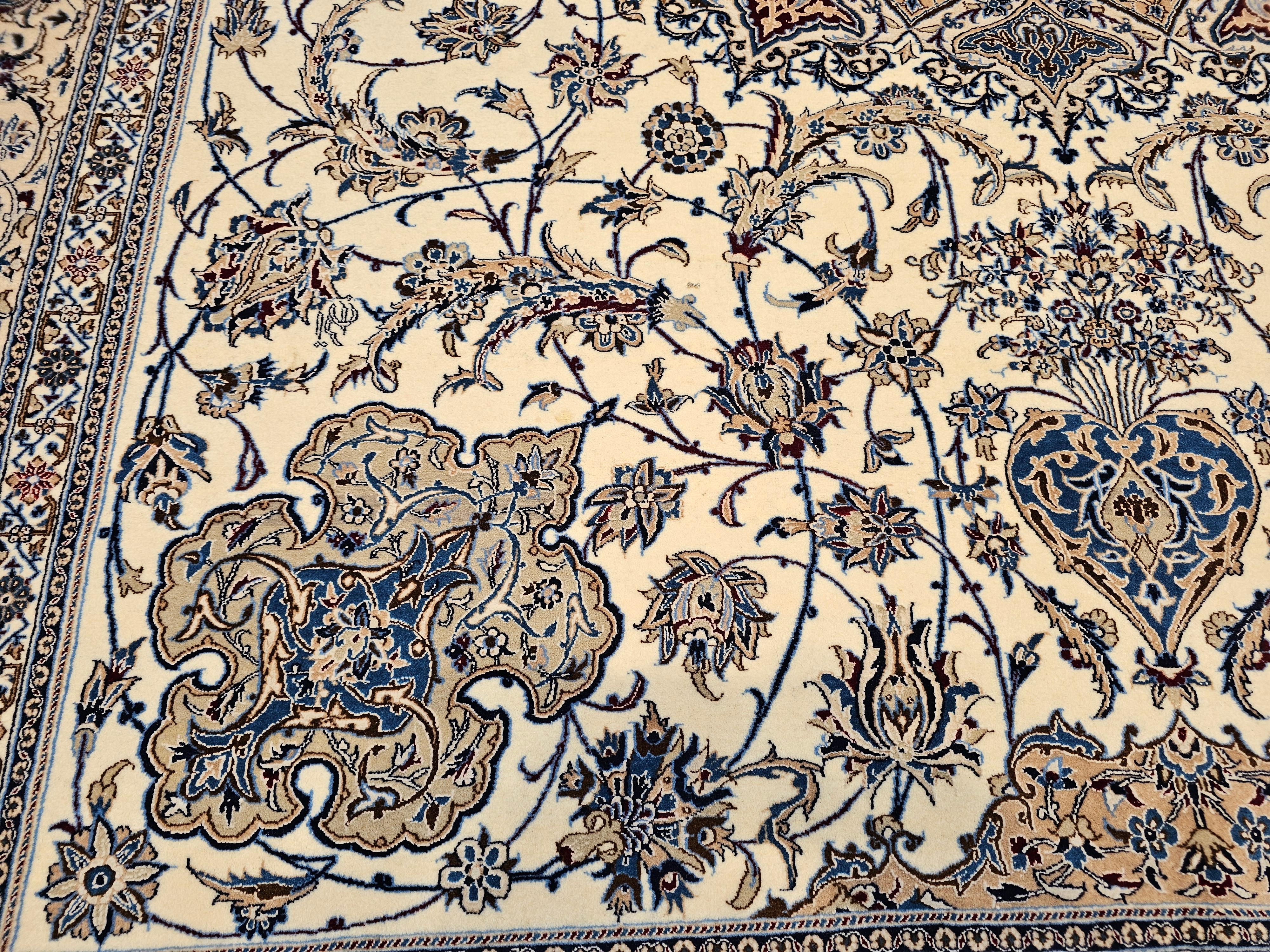 Extra Fine Weave Persian Nain in Floral Pattern in Ivory, Blue, Camel, Navy, Tan For Sale 3