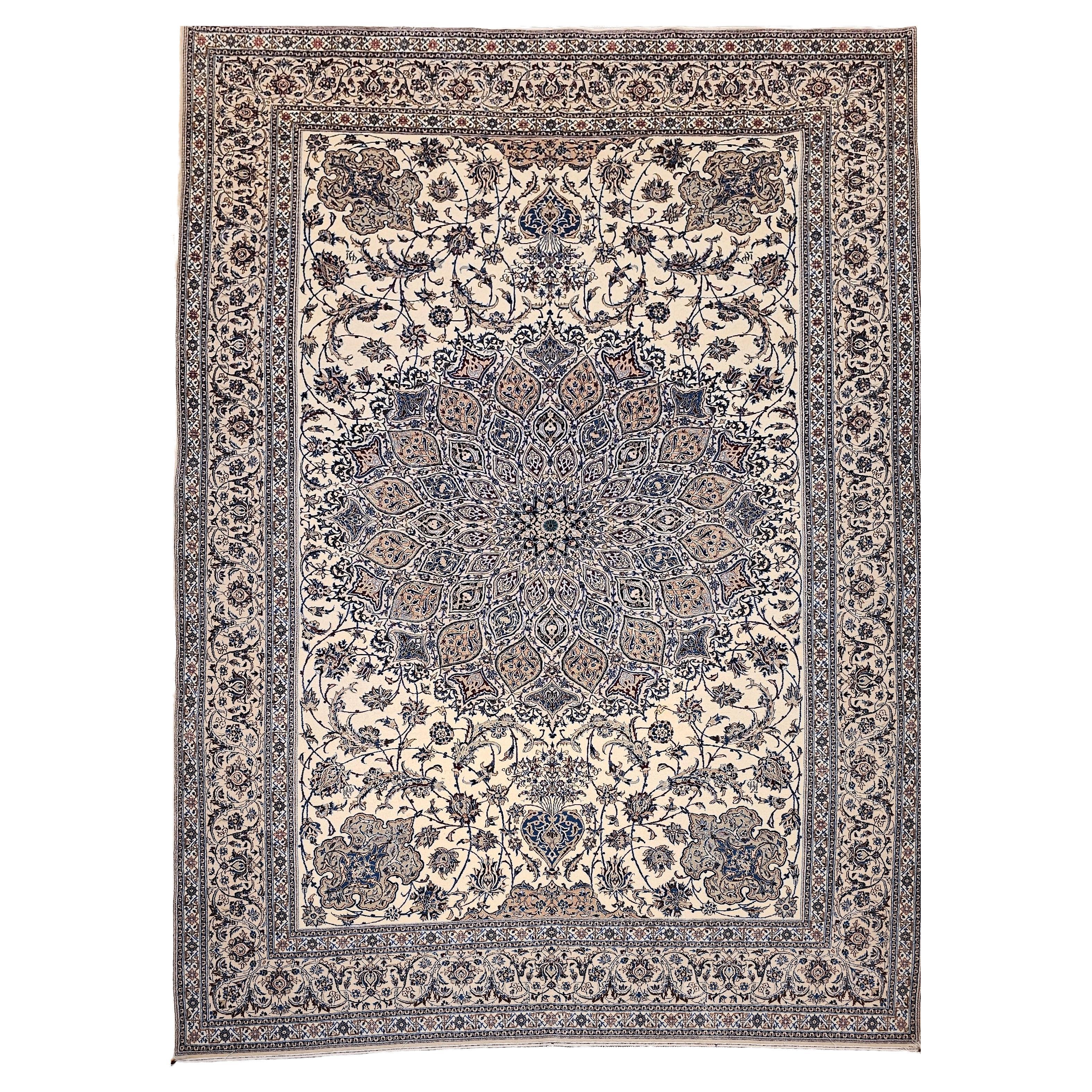 Extra Fine Weave Persian Nain in Floral Pattern in Ivory, Blue, Camel, Navy, Tan For Sale