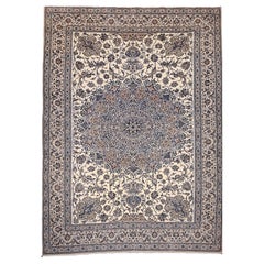 Vintage Extra Fine Weave Persian Nain in Floral Pattern in Ivory, Blue, Camel, Navy, Tan