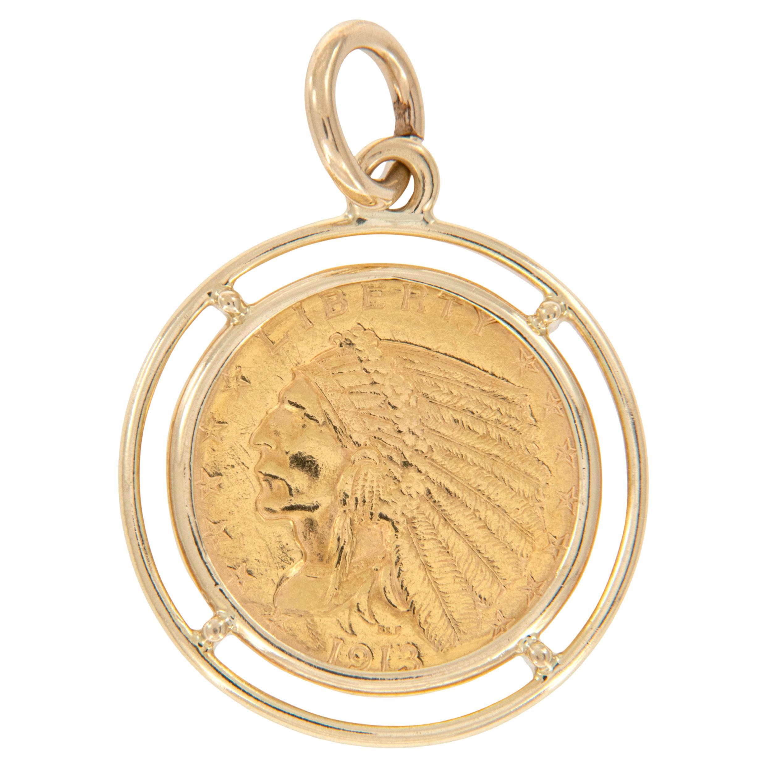 Extra Fine Yellow Gold 1913 Indian Head American Eagle $2.50 Coin Pendant