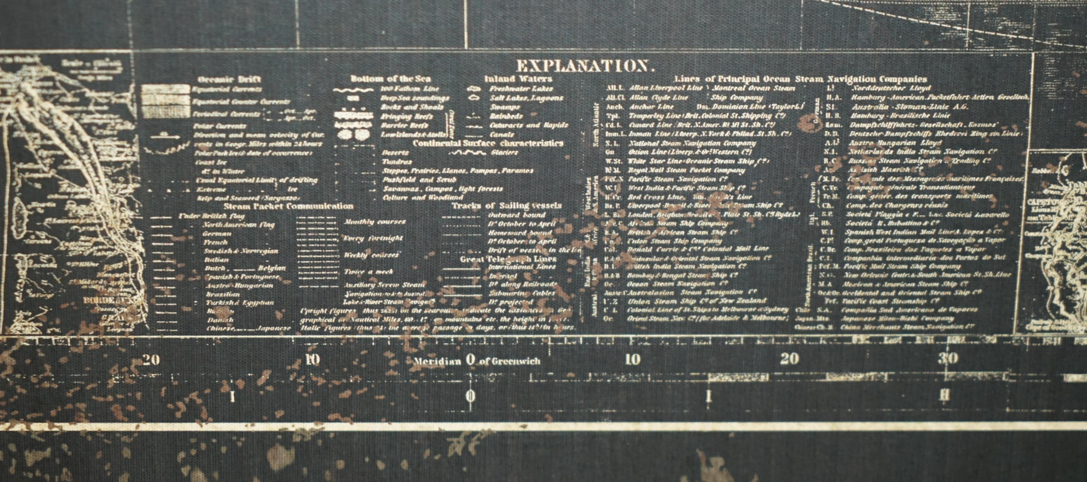 20ième siècle ATLAS DE CARTE MONDIALE EXTRA-LARGE 1.2 X 1.8 METRES montrant les voies maritimes de l'époque victorienne, etc.