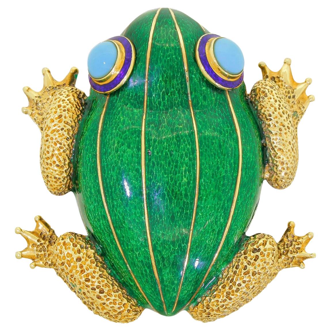  Extra Large 14k Gold Green Enamel Blue Turquoise Tree Frog Pin Brooch Exquisite