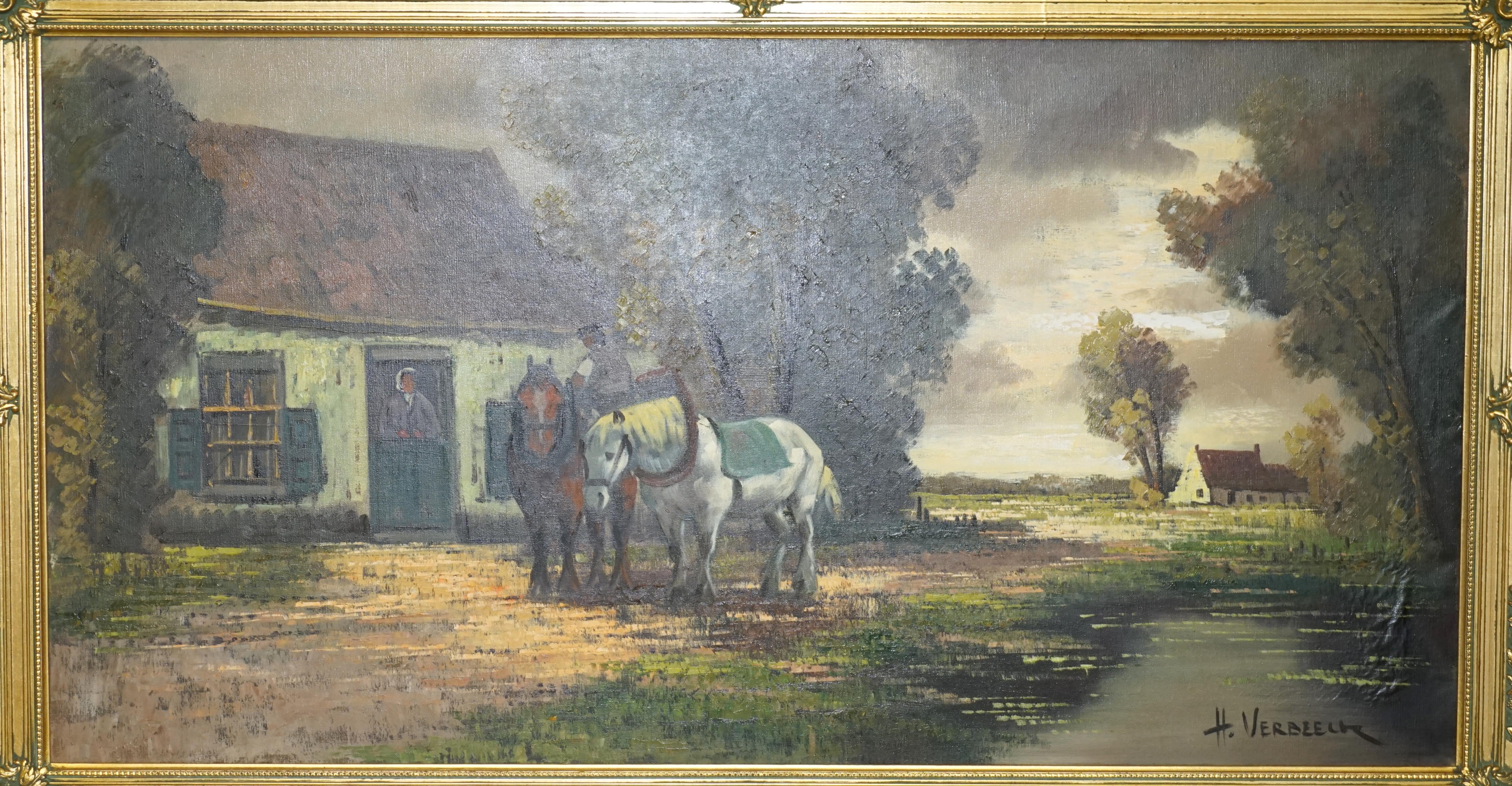 EXTRA LARGE 159X94CM H. VERBEELK SiGNED OIL PAINTING OF A RURAL SCENE WITH HORSE For Sale 3