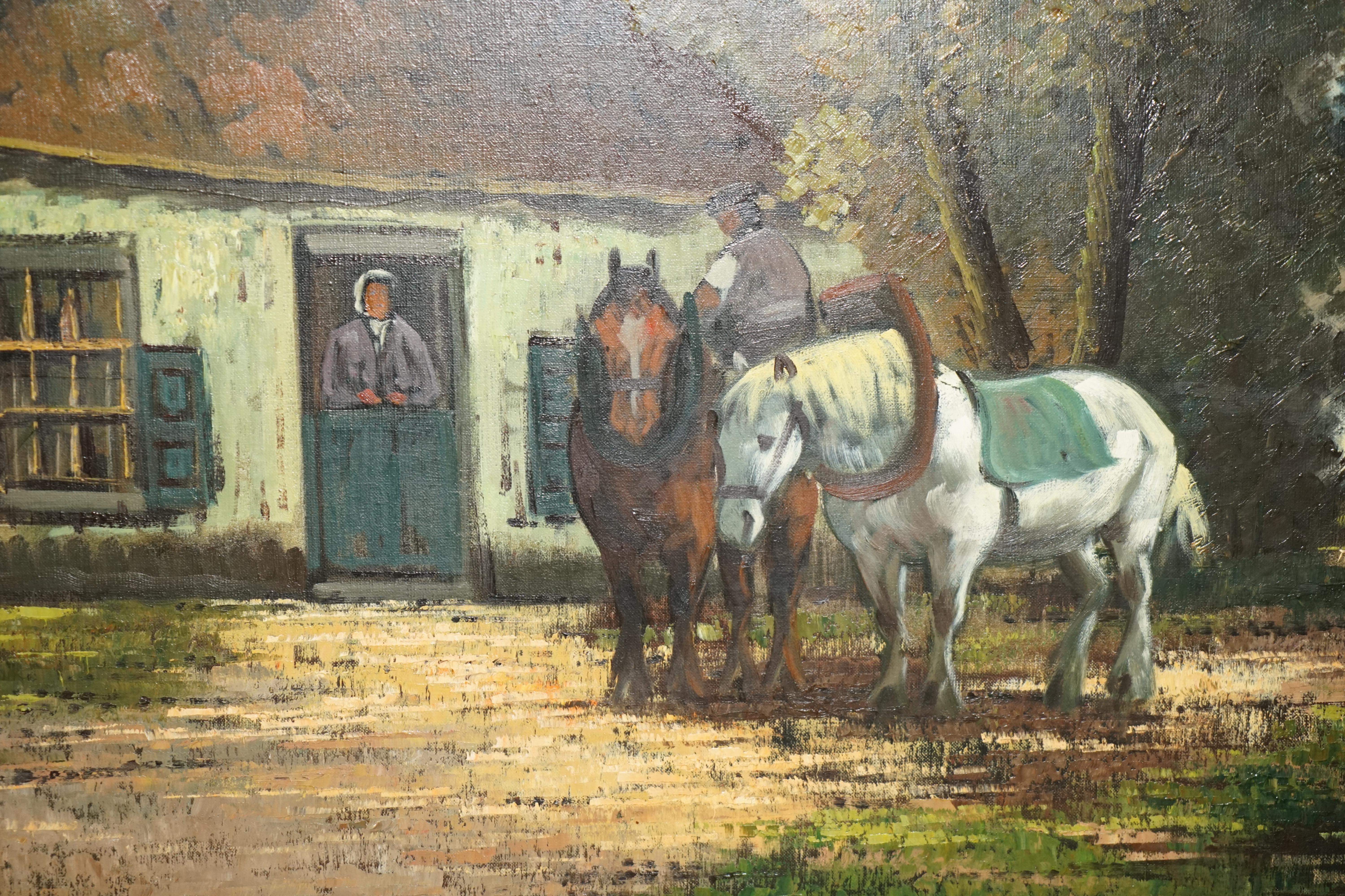 EXTRA LARGE 159X94CM H. VERBEELK SiGNED OIL PAINTING OF A RURAL SCENE WITH HORSE For Sale 5