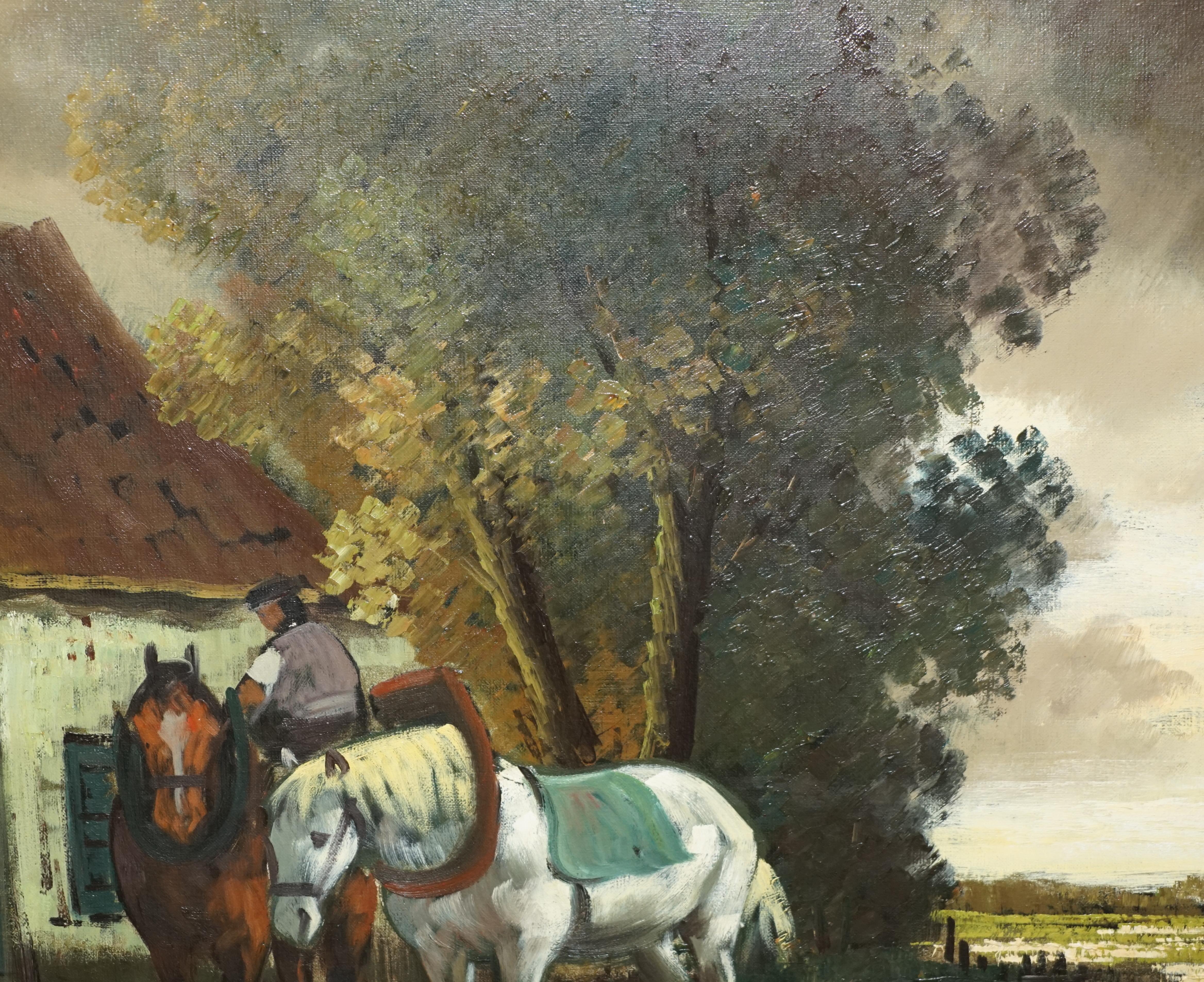 EXTRA LARGE 159X94CM H. VERBEELK SiGNED OIL PAINTING OF A RURAL SCENE WITH HORSE For Sale 6