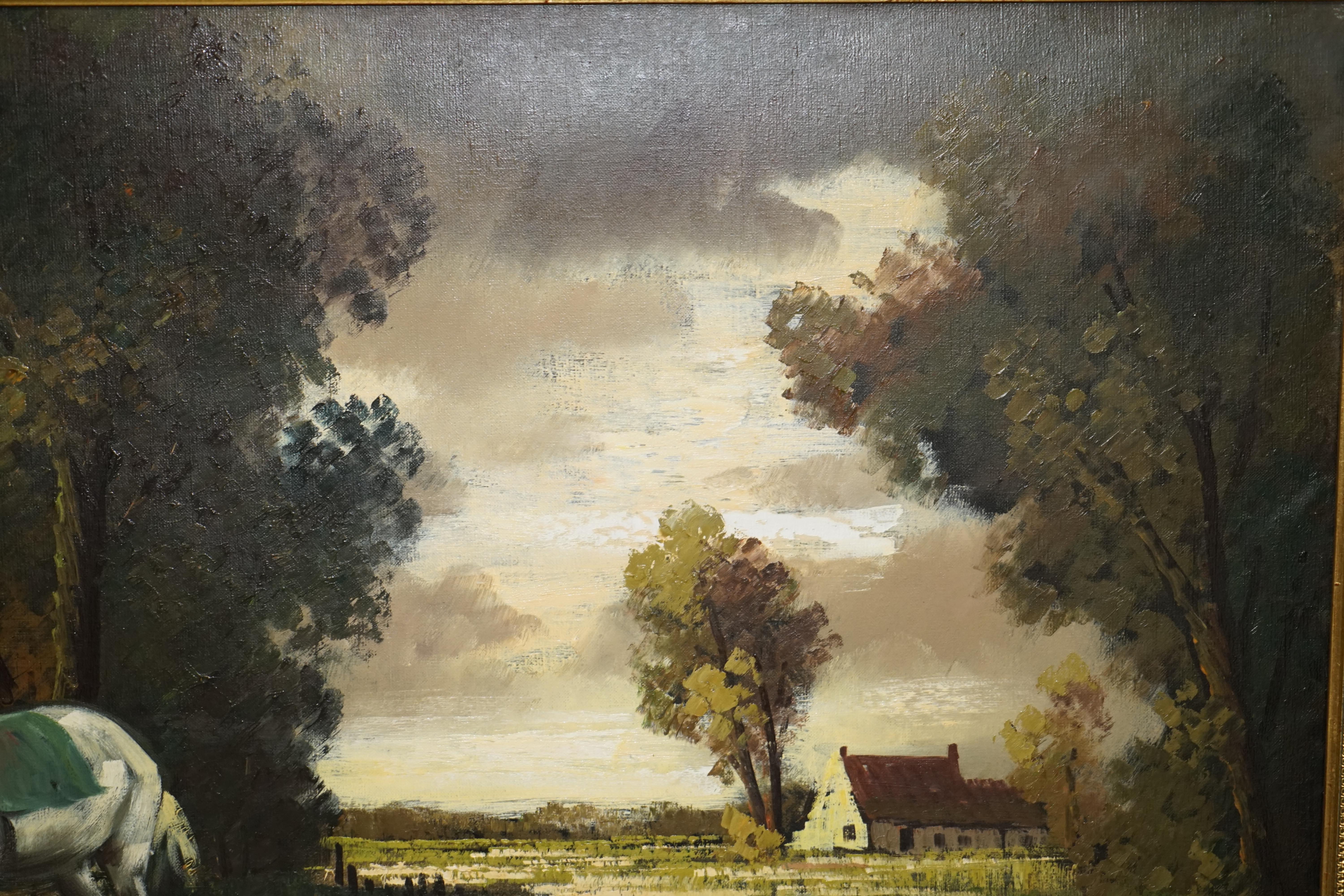 EXTRA LARGE 159X94CM H. VERBEELK SiGNED OIL PAINTING OF A RURAL SCENE WITH HORSE For Sale 7