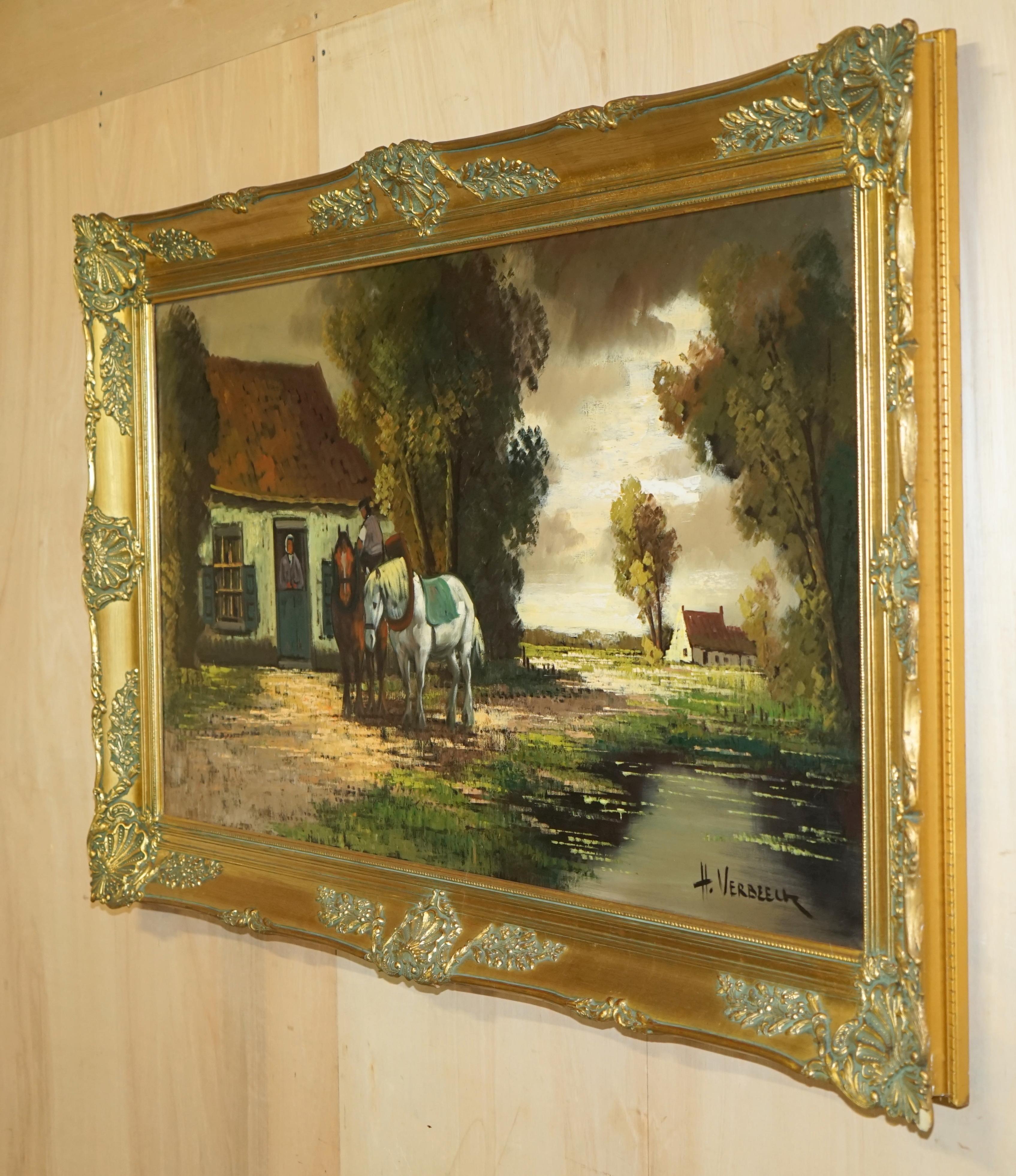 EXTRA LARGE 159X94CM H. VERBEELK SiGNED OIL PAINTING OF A RURAL SCENE WITH HORSE For Sale 9