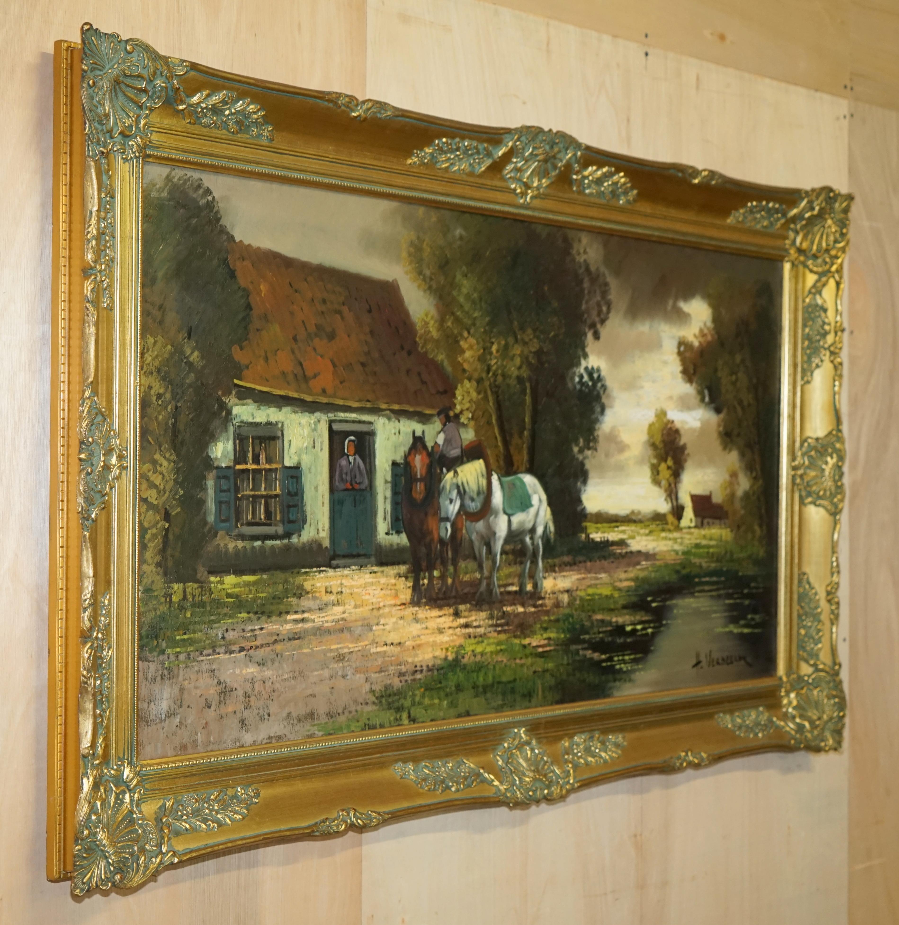 EXTRA LARGE 159X94CM H. VERBEELK SiGNED OIL PAINTING OF A RURAL SCENE WITH HORSE For Sale 10
